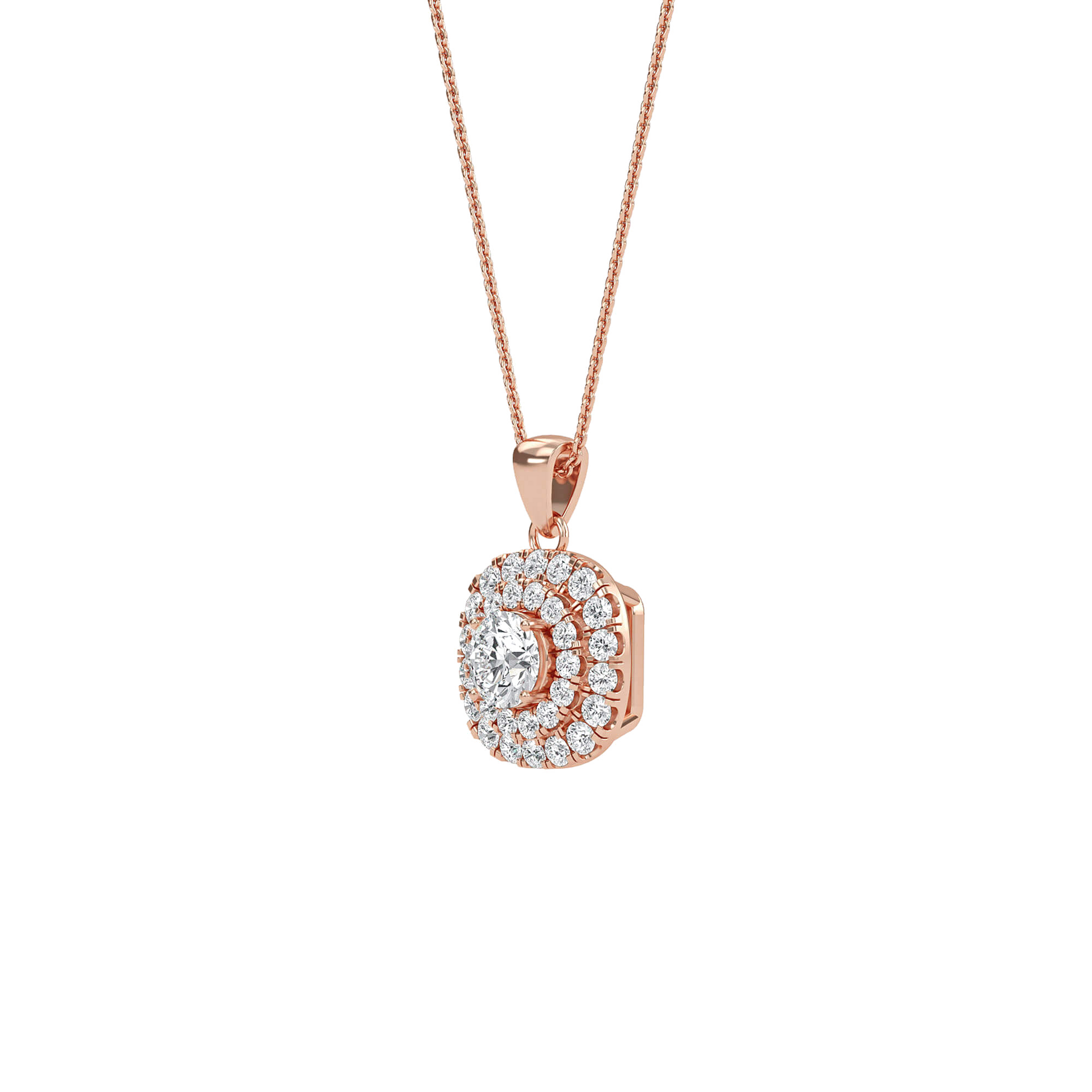 Nina Double Halo Round Diamond Pendant by Carat House Dubai featuring a round diamond with double halo setting.