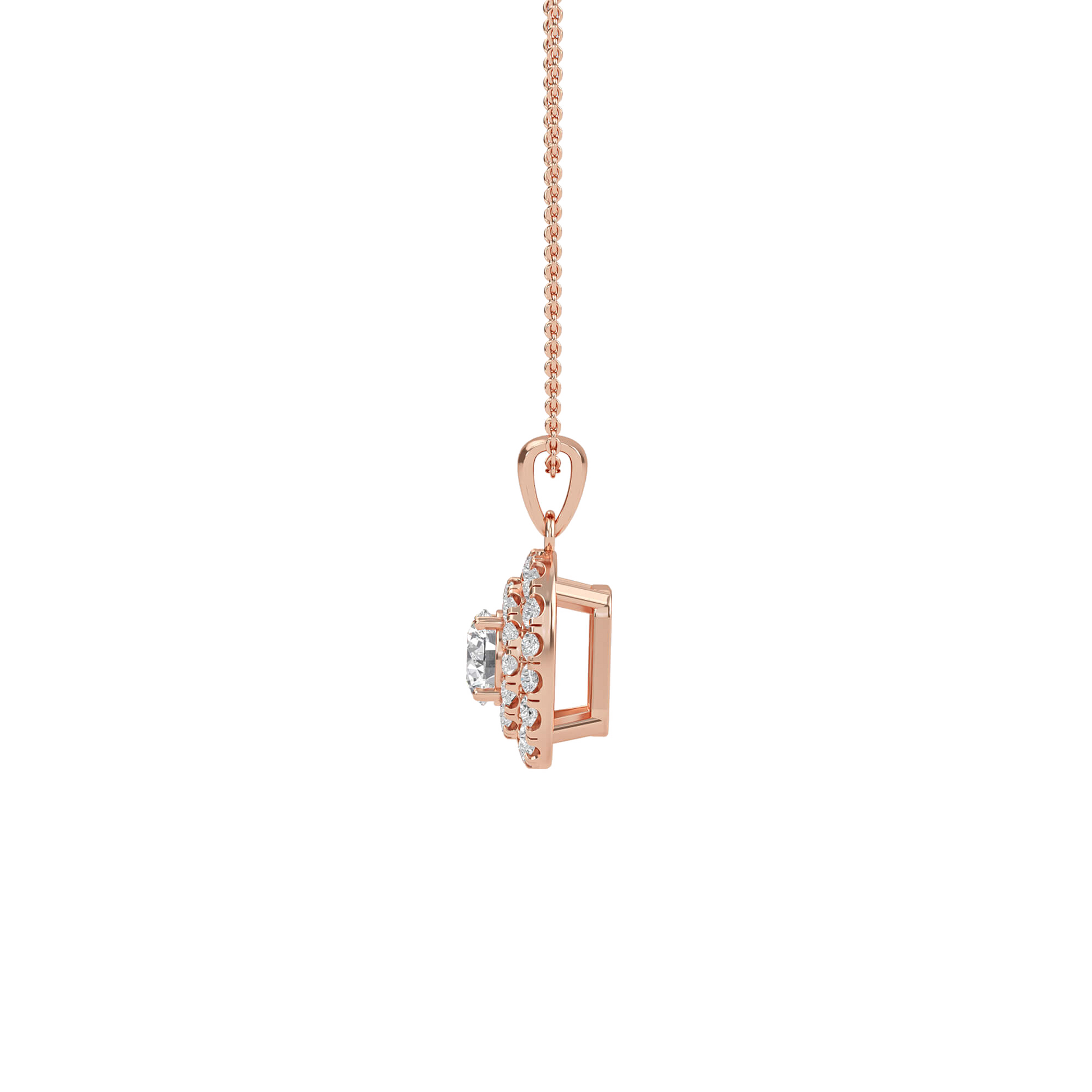 Nina double halo round diamond pendant by Carat House Dubai featuring a sparkling diamond centerpiece and intricate halo design.