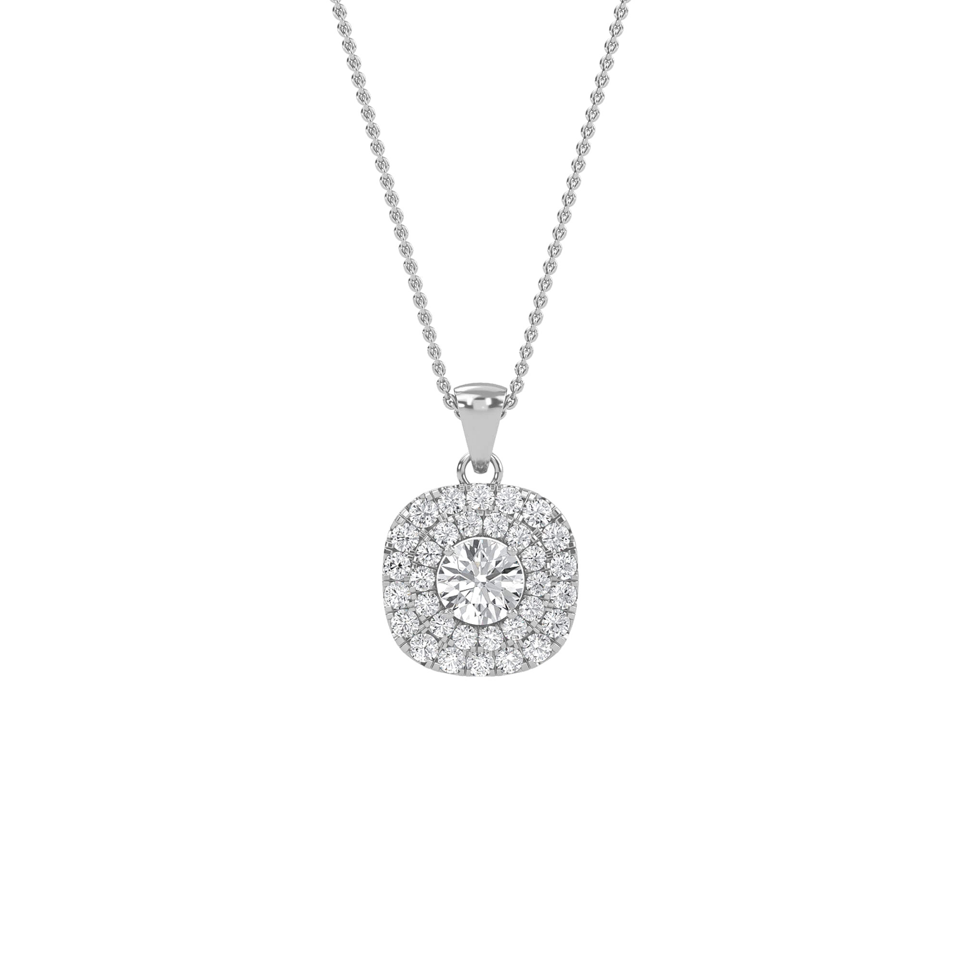 Nina Double Halo Round Diamond Pendant by Carat House Dubai featuring a sparkling round diamond with double halo design.