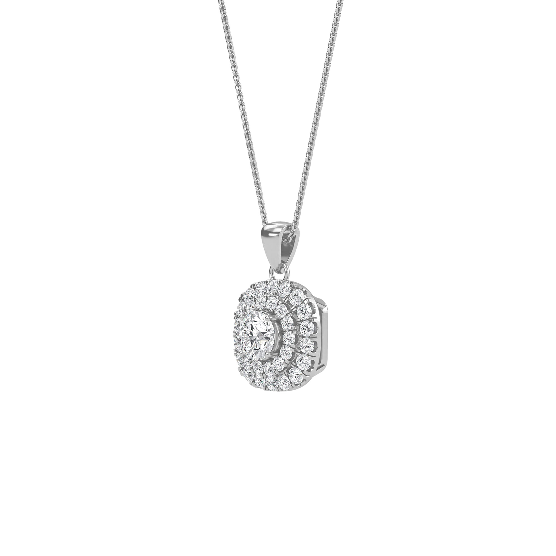 Nina double halo round diamond pendant by Carat House Dubai featuring sparkling diamonds on a delicate gold chain