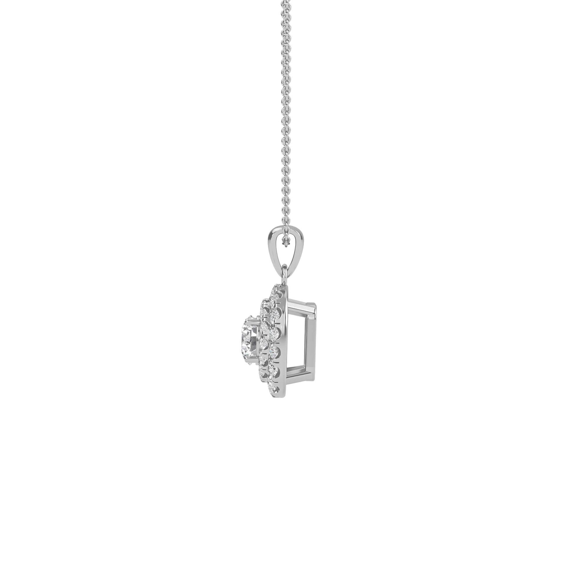 Nina double halo round diamond pendant by Carat House Dubai featuring a sparkling central diamond and intricate halo design.