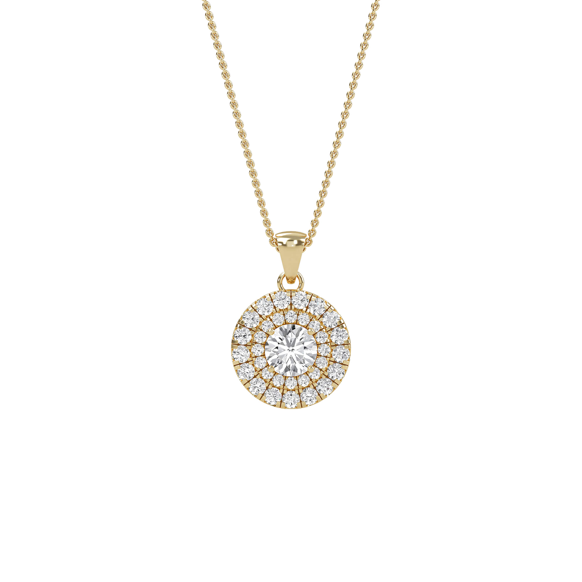 Emily round double halo pendant necklace by Carat House Dubai featuring a sparkling circular design with two elegant halos.