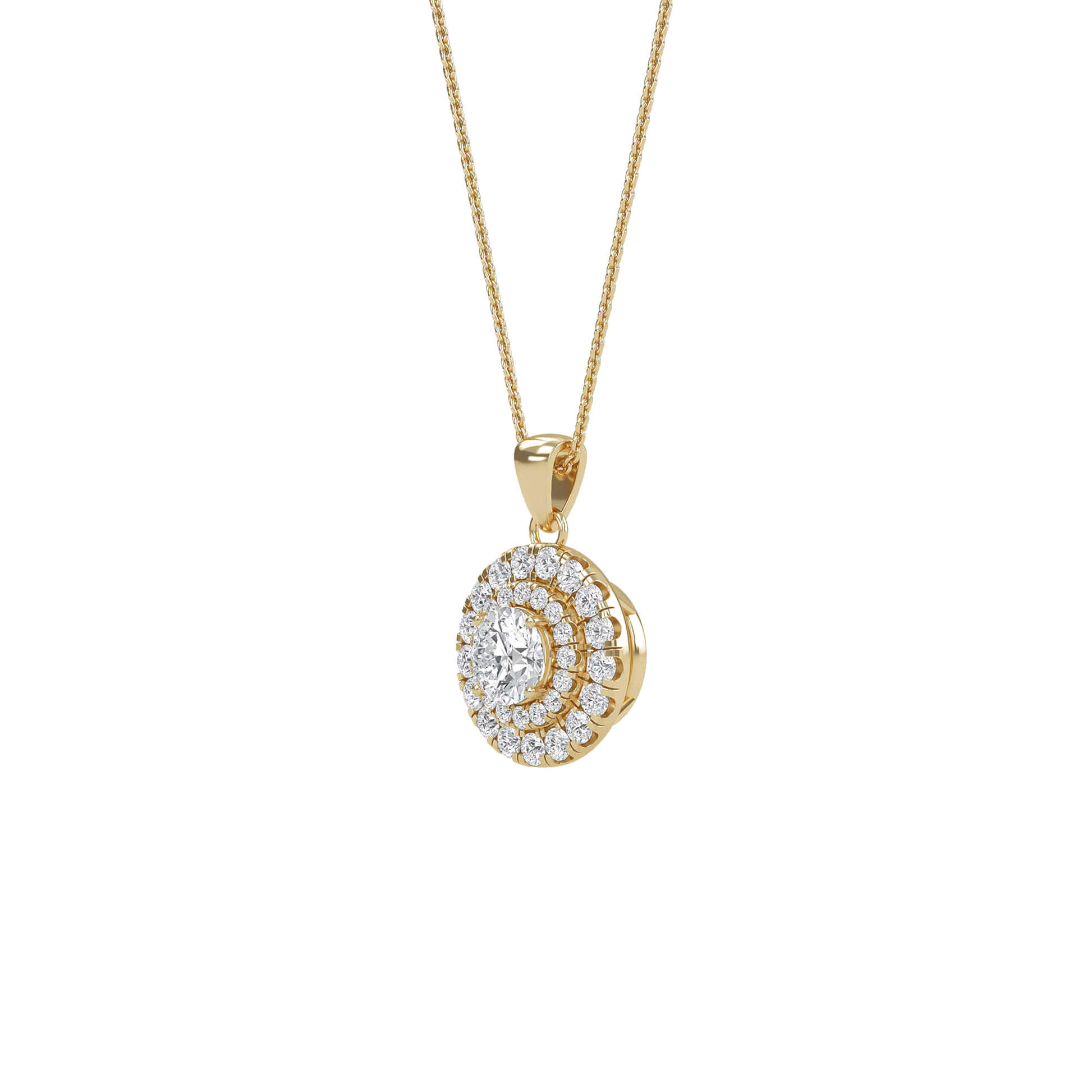 Emily round double halo pendant by Carat House Dubai featuring a sparkling circular design with intricate detailing.