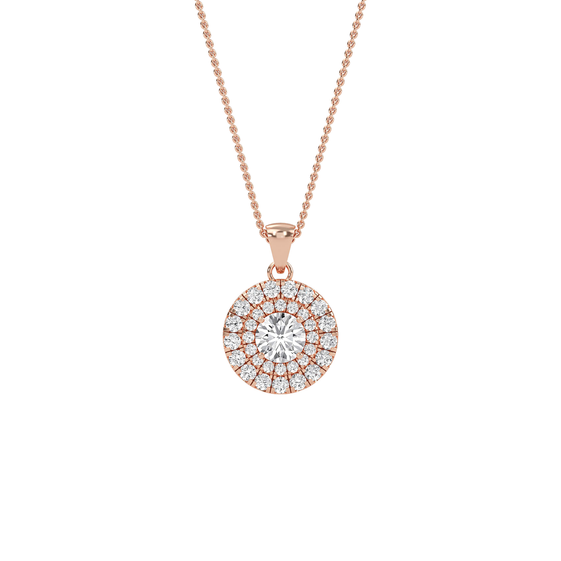 Emily round double halo pendant by Carat House Dubai featuring a sparkling circular design with intricate metalwork.