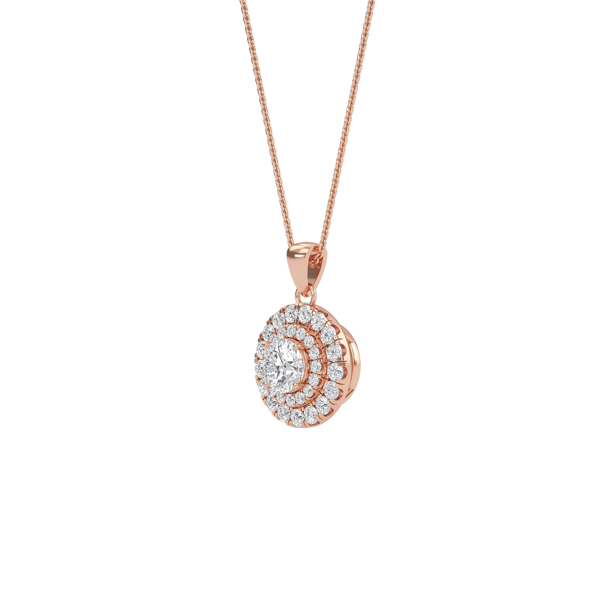 Emily round double halo pendant by Carat House Dubai featuring a sparkling circular design with intricate detailing.