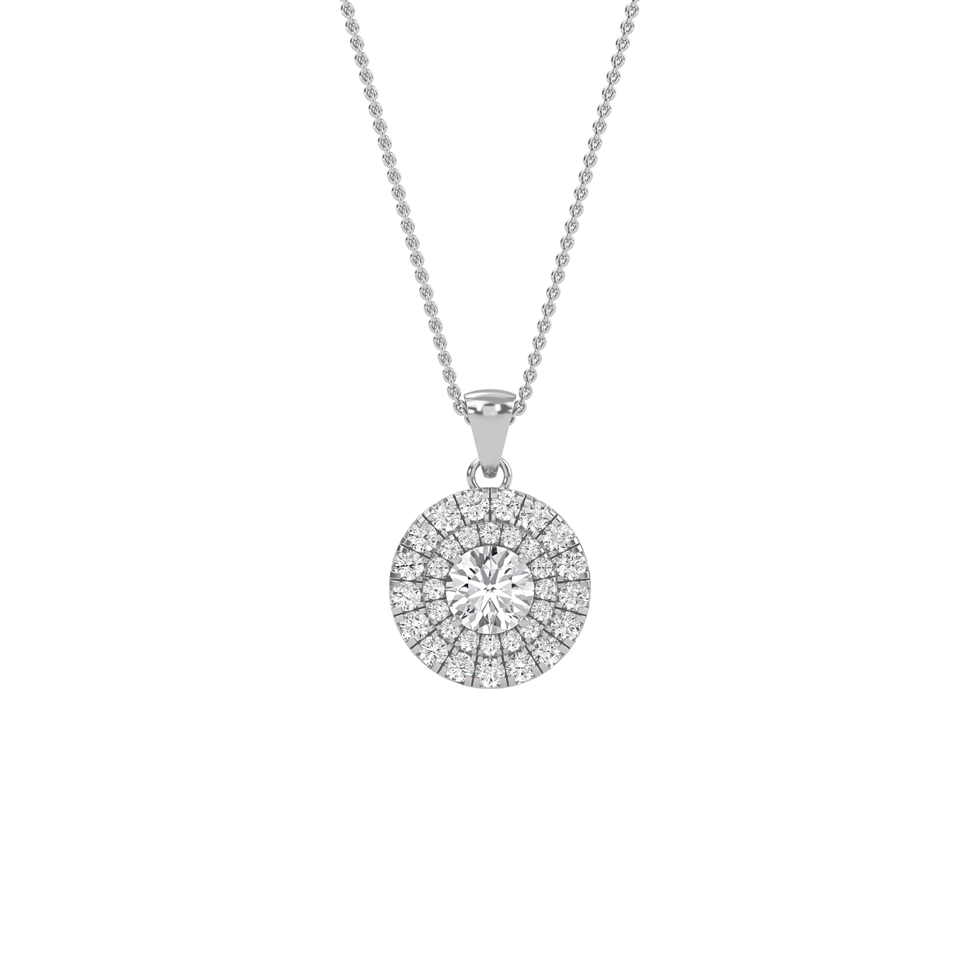 Emily round double halo pendant by Carat House Dubai featuring a sparkling circular design with intricate detailing.