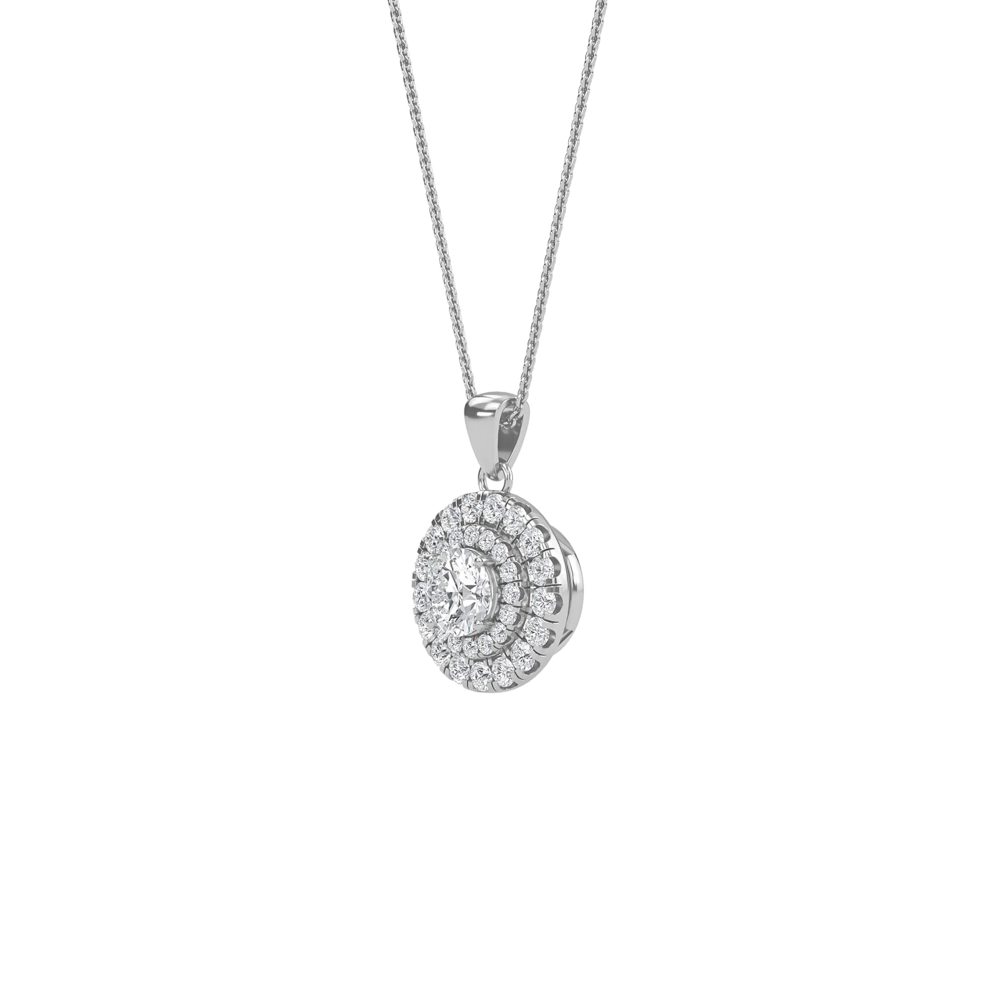 Emily round double halo pendant by Carat House Dubai featuring a sparkling central gemstone and intricate halo design.