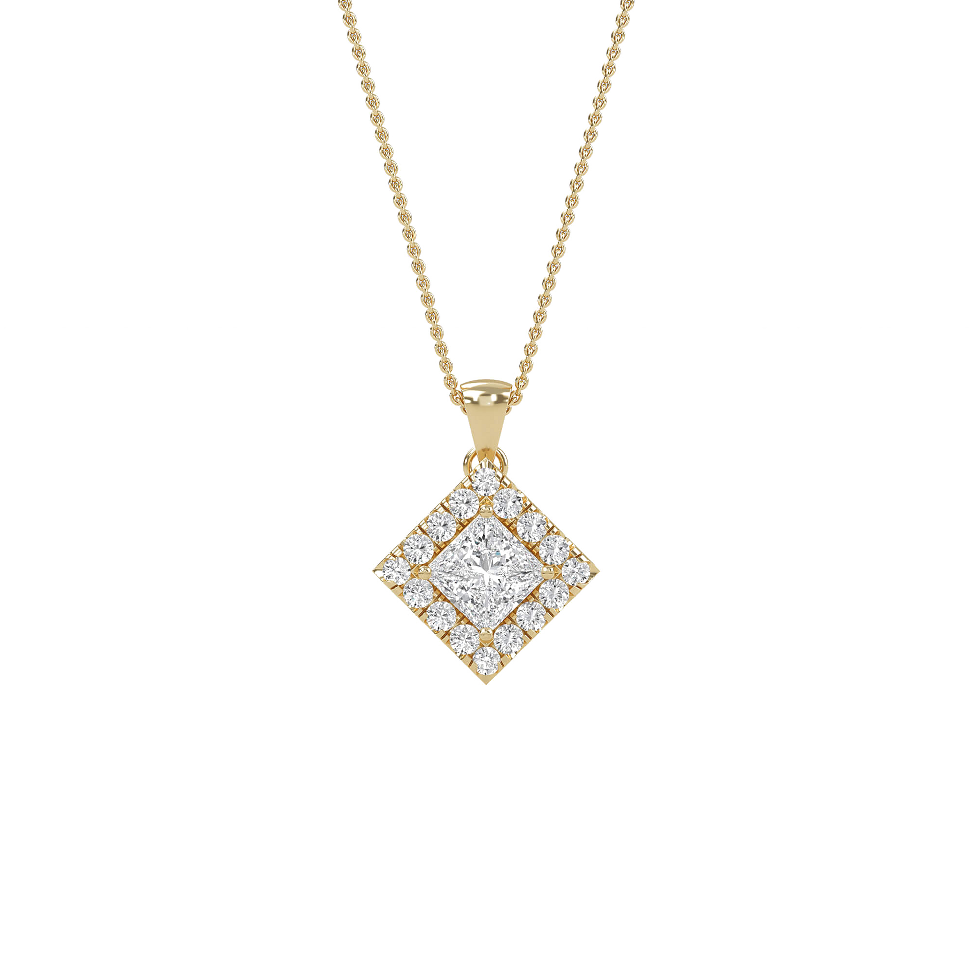 Emma princess-cut diamond halo pendant by Carat House Dubai, featuring a sparkling central diamond surrounded by a halo.