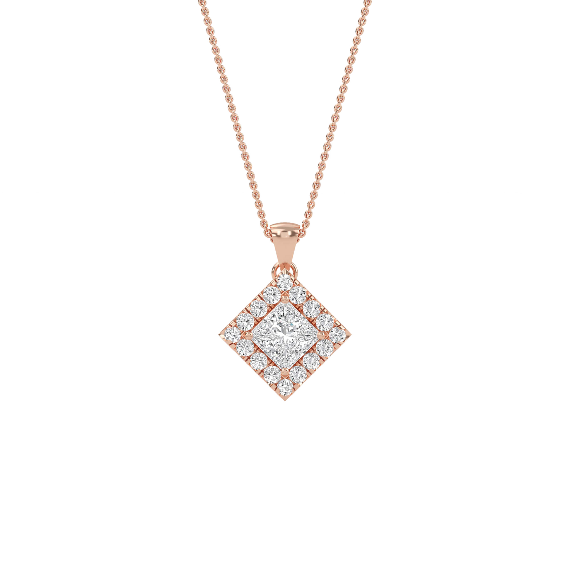 Emma princess-cut diamond halo pendant by Carat House Dubai featuring a sparkling diamond surrounded by a delicate halo.