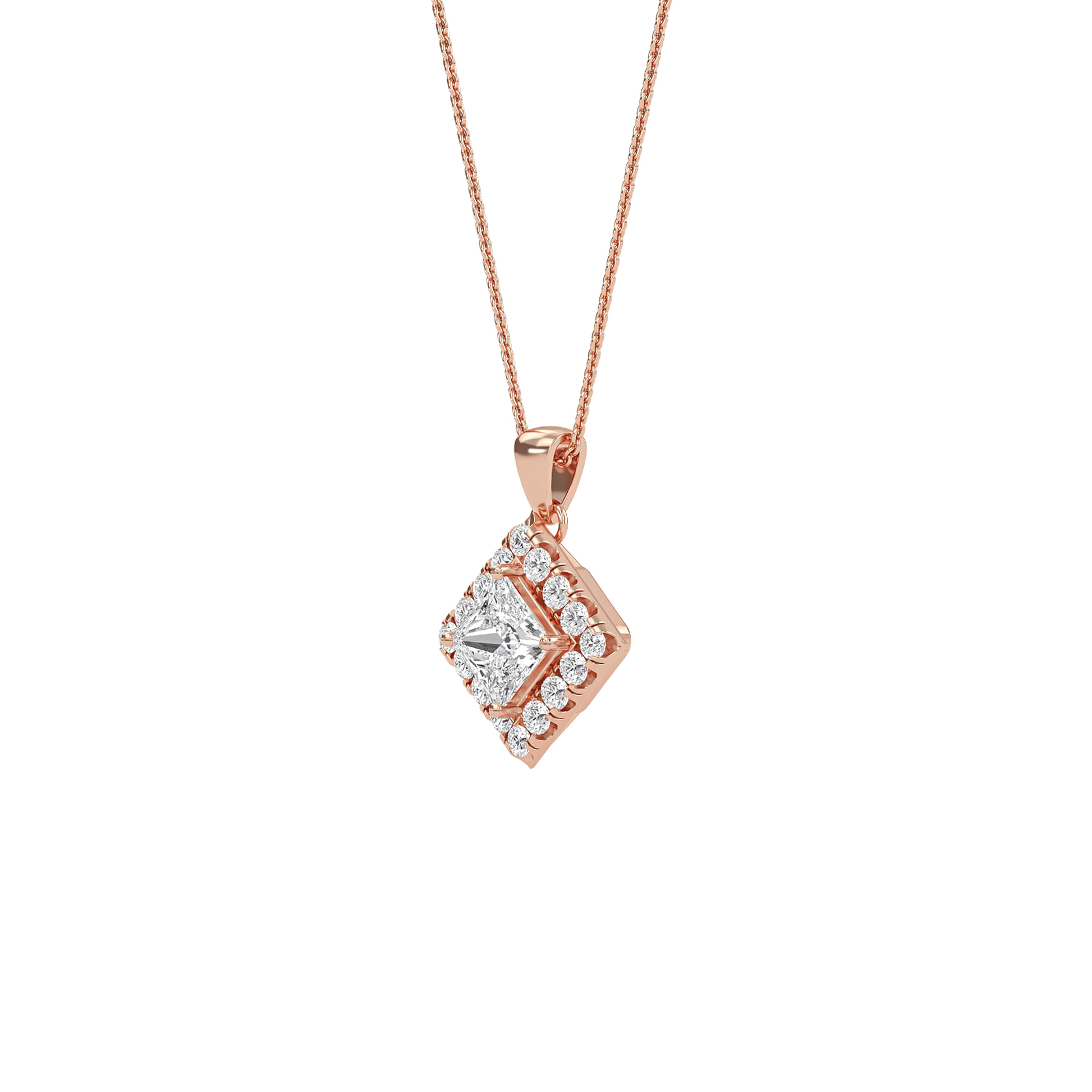 Emma princess-cut diamond halo pendant by Carat House Dubai, featuring a sparkling diamond surrounded by a delicate halo setting.