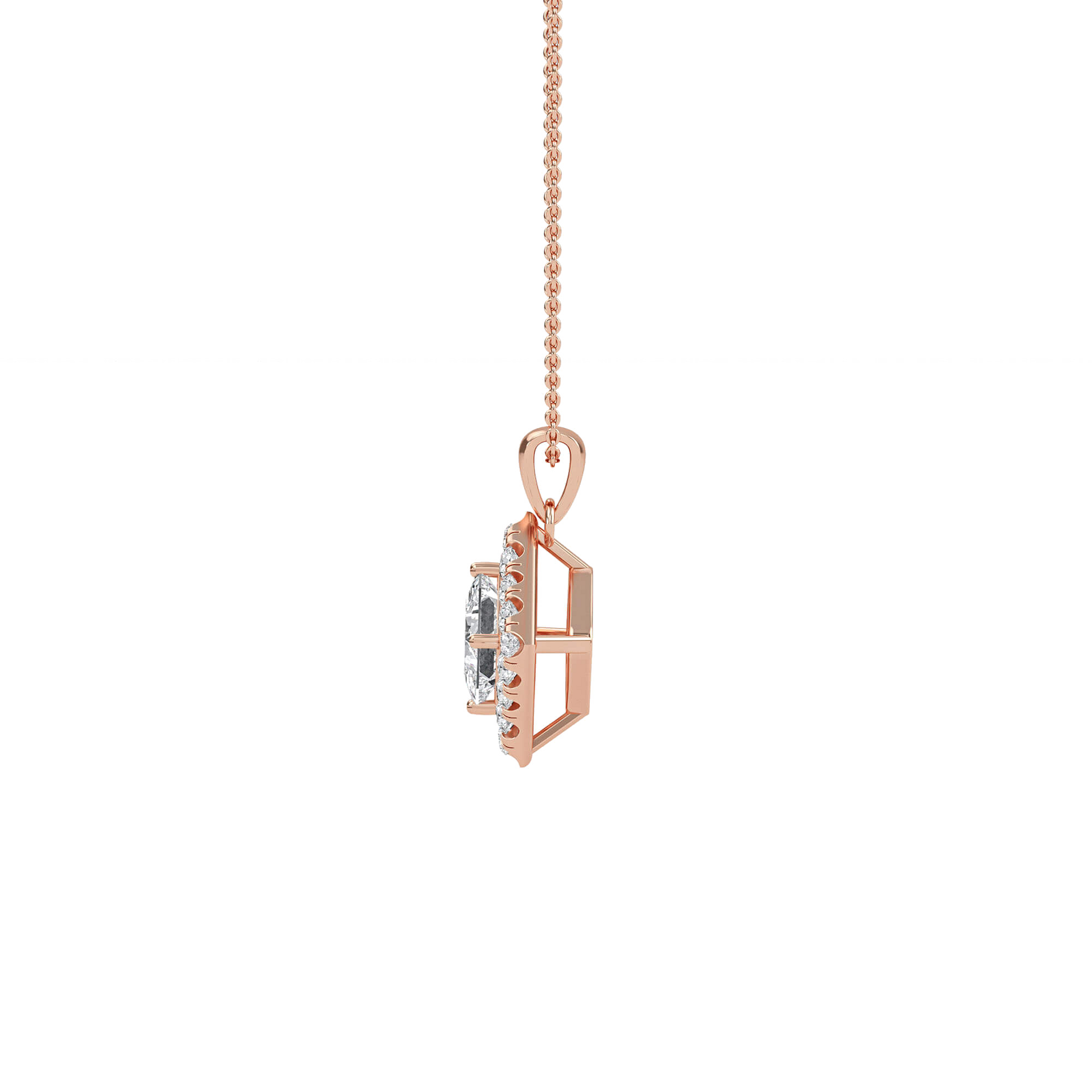 Emma Princess-Cut Diamond Halo Pendant by Carat House Dubai hanging on a delicate chain, showcasing a sparkling diamond centerpiece.