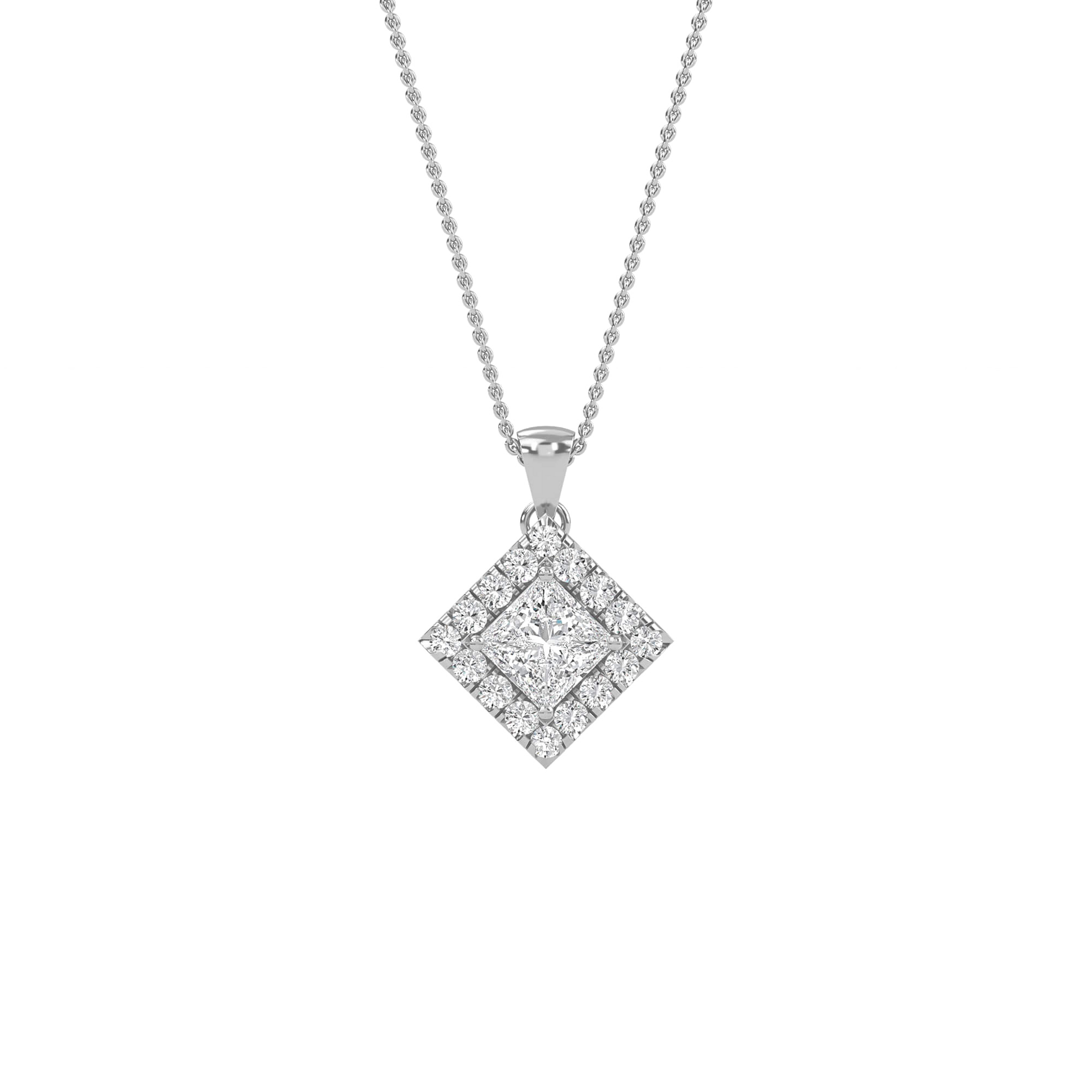 Emma Princess-Cut Diamond Halo Pendant by Carat House Dubai featuring a sparkling diamond surrounded by a delicate halo setting.