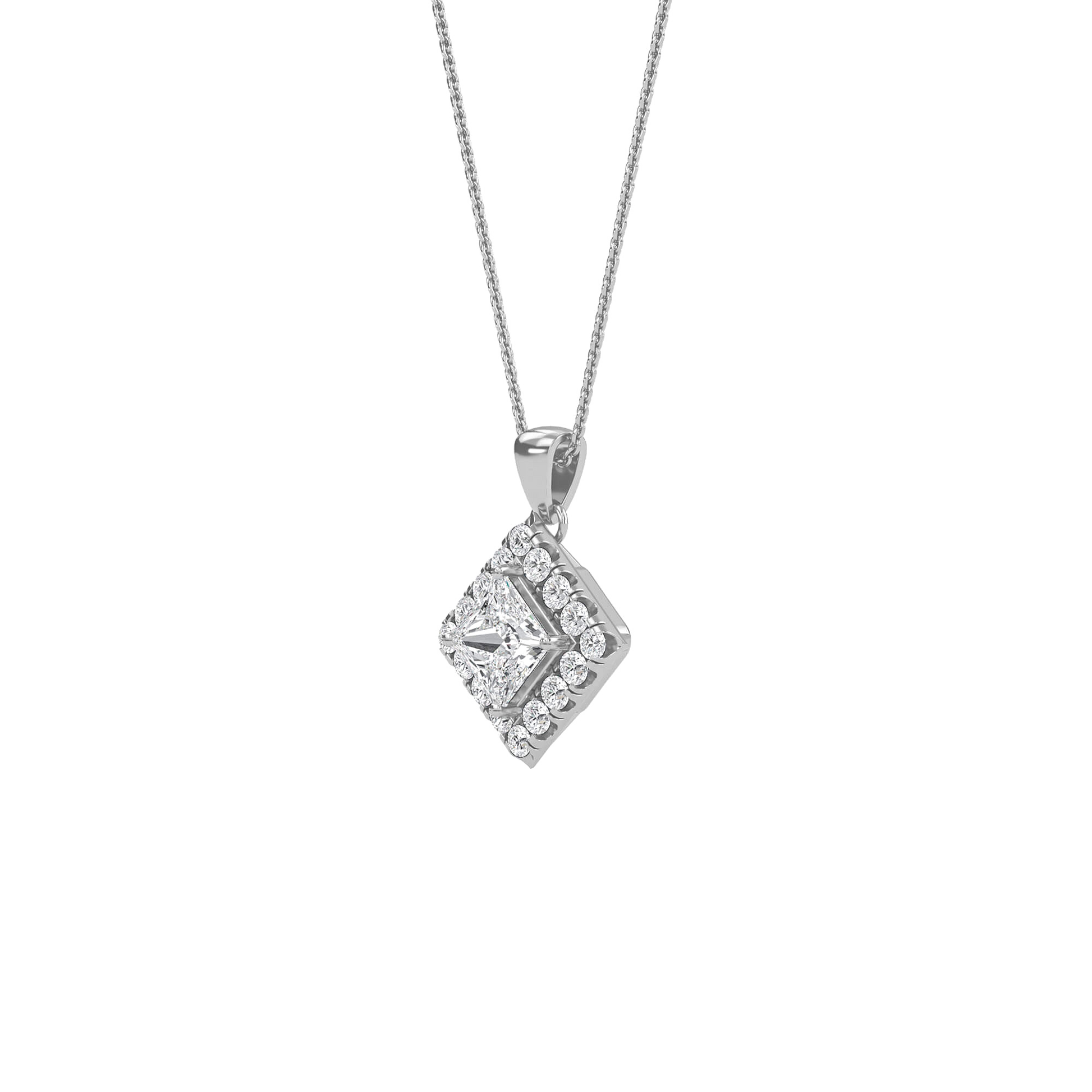 Emma princess-cut diamond halo pendant by Carat House Dubai, showcasing a sparkling diamond surrounded by a delicate halo.