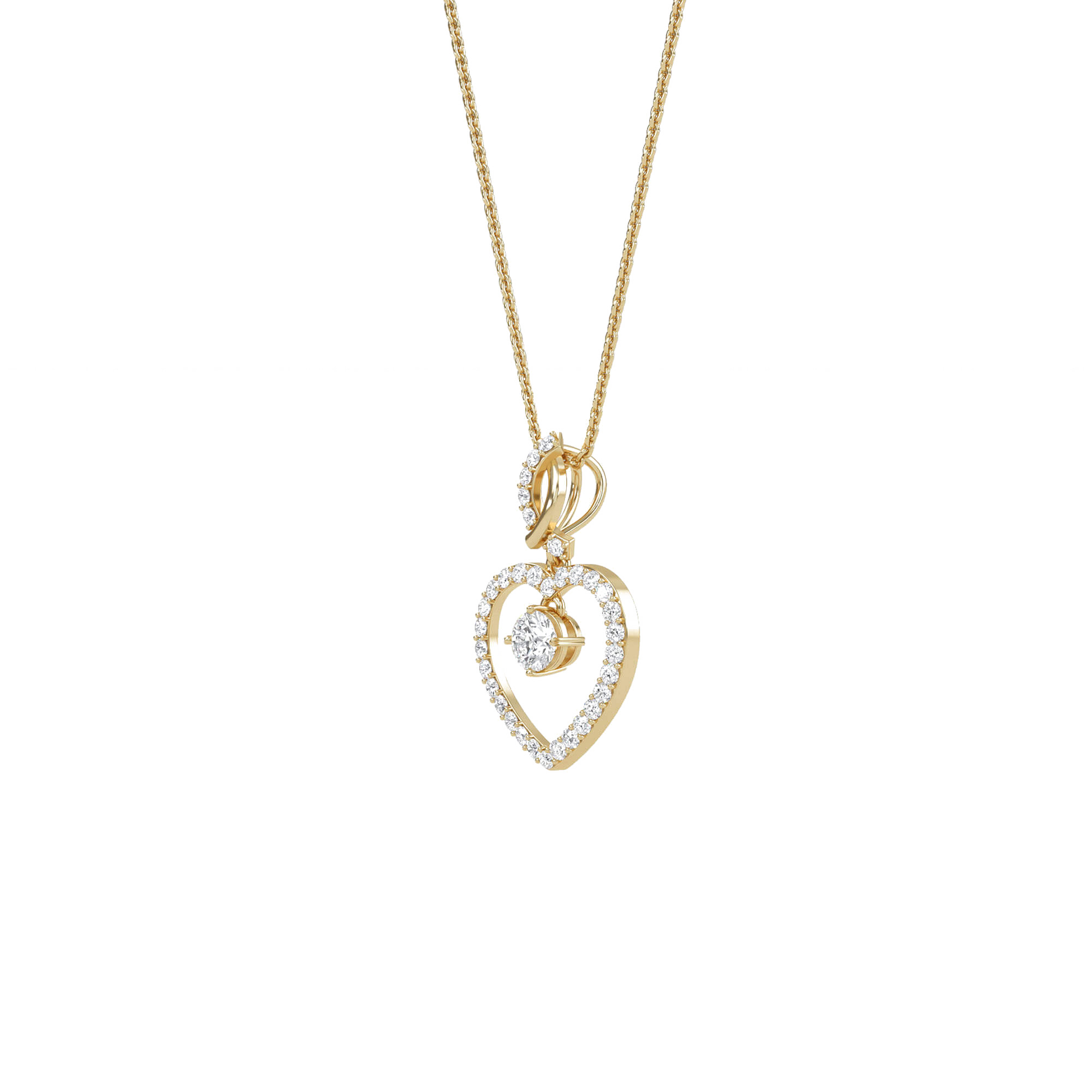 Carat House Dubai Ida solitaire heart pendant with pavé diamond detailing, showcasing a sparkling gold necklace with intricate design.
