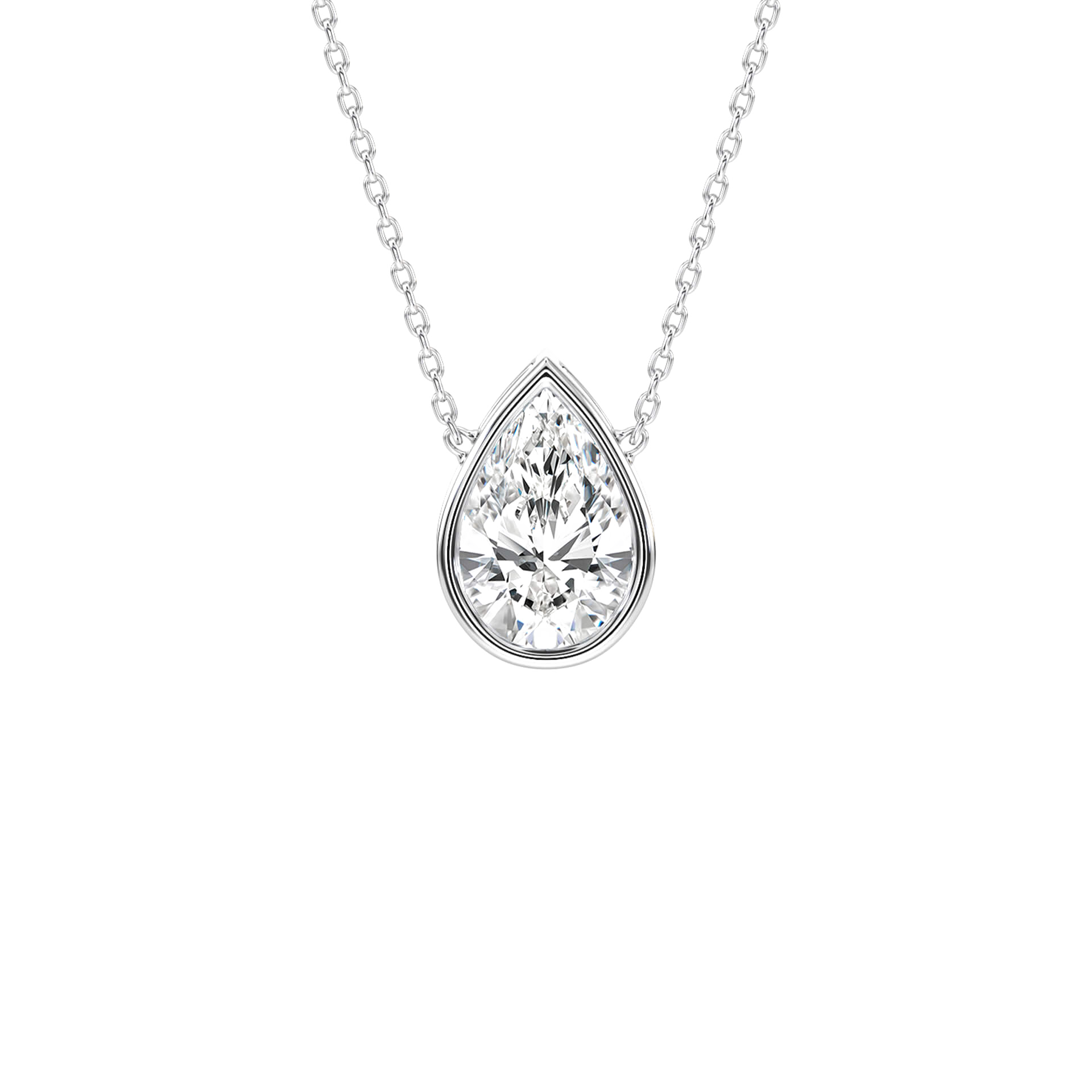 Ioanna – Pear-Cut Bezel Solitaire Pendant — diamond pendant necklace — bezel set — lab grown diamond and natural diamond — 18k white gold — Carat House