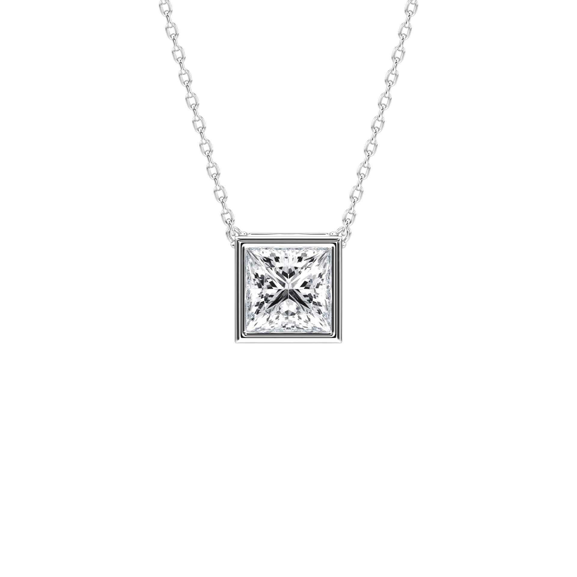 Joan – Princess-Cut Bezel Solitaire Pendant — diamond pendant necklace — bezel set — lab grown diamond and natural diamond — 18k white gold — Carat House