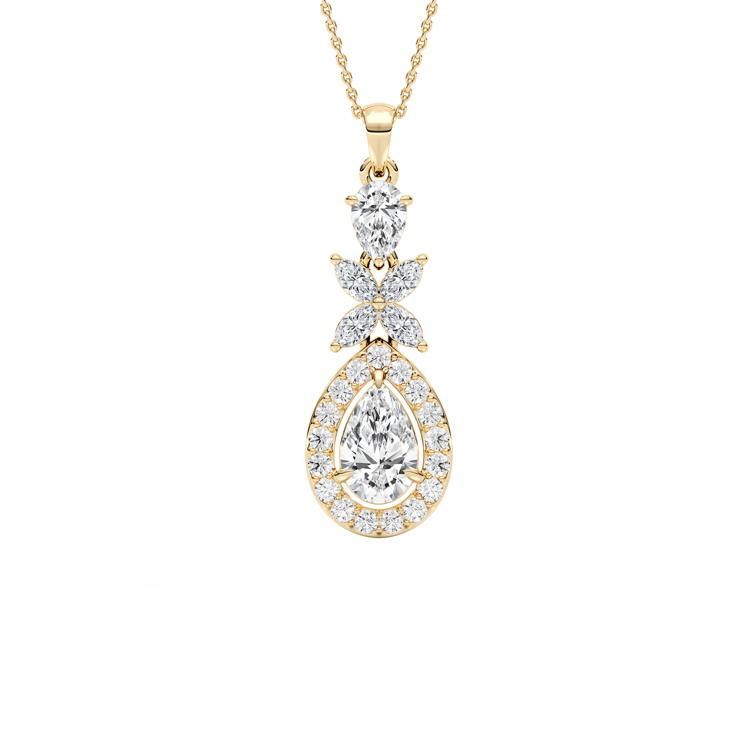 Julie – Pear-Cut Halo Drop Pendant with Marquise Flower Motif
