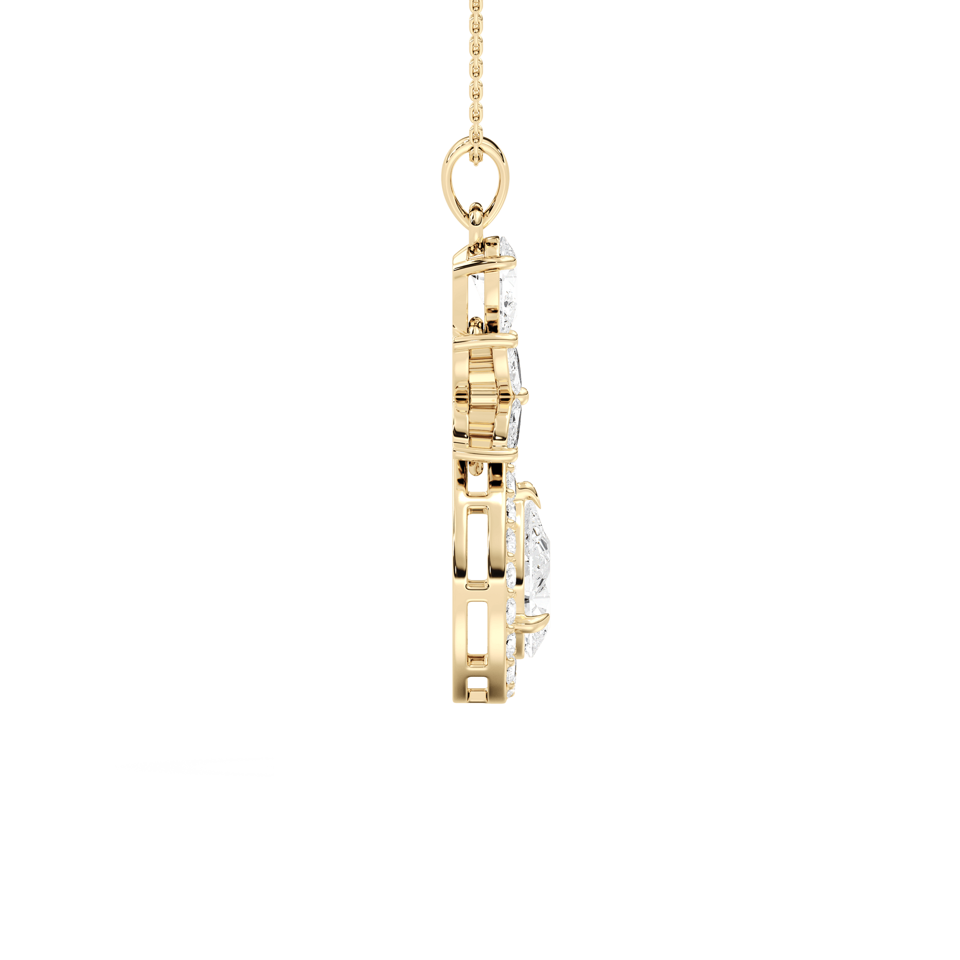 Pear-cut halo drop pendant by Carat House Dubai featuring a marquise flower motif in elegant jewelry design.