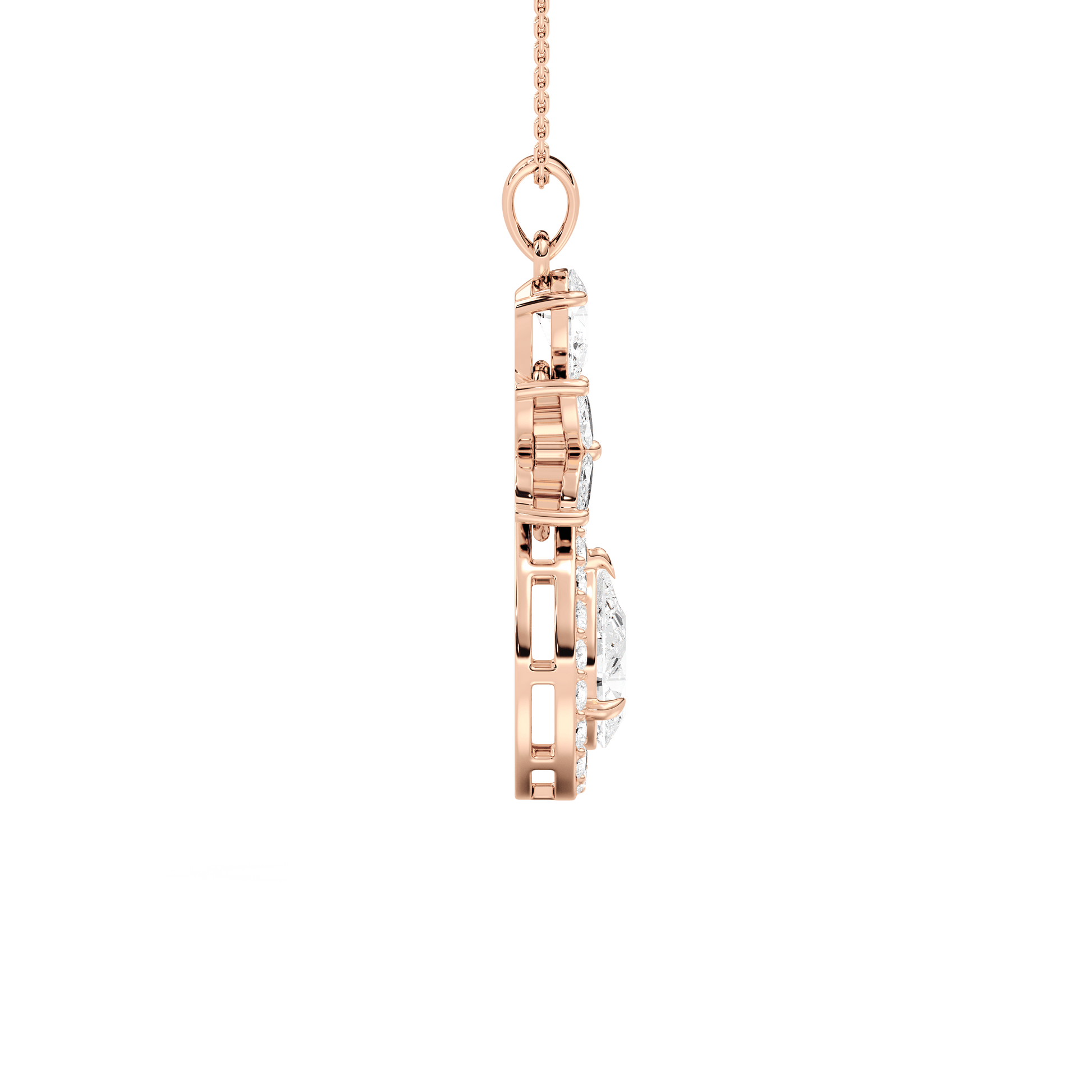 Pear-cut halo drop pendant with marquise flower motif by Carat House Dubai, featuring elegant gemstone design and intricate craftsmanship.
