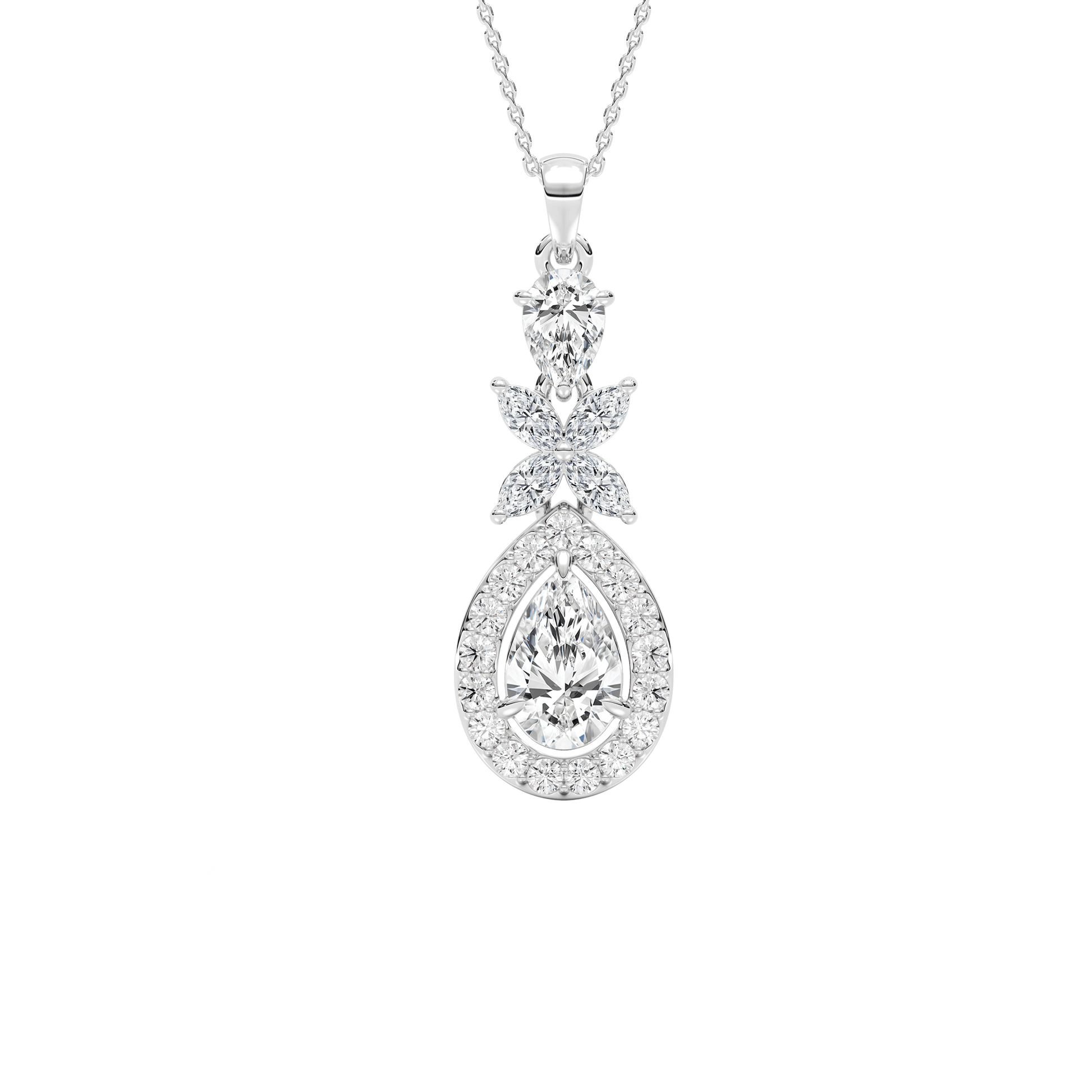 Julie – Pear-Cut Halo Drop Pendant with Marquise Flower Motif — diamond pendant necklace — lab grown diamond — 18k white gold — Carat House