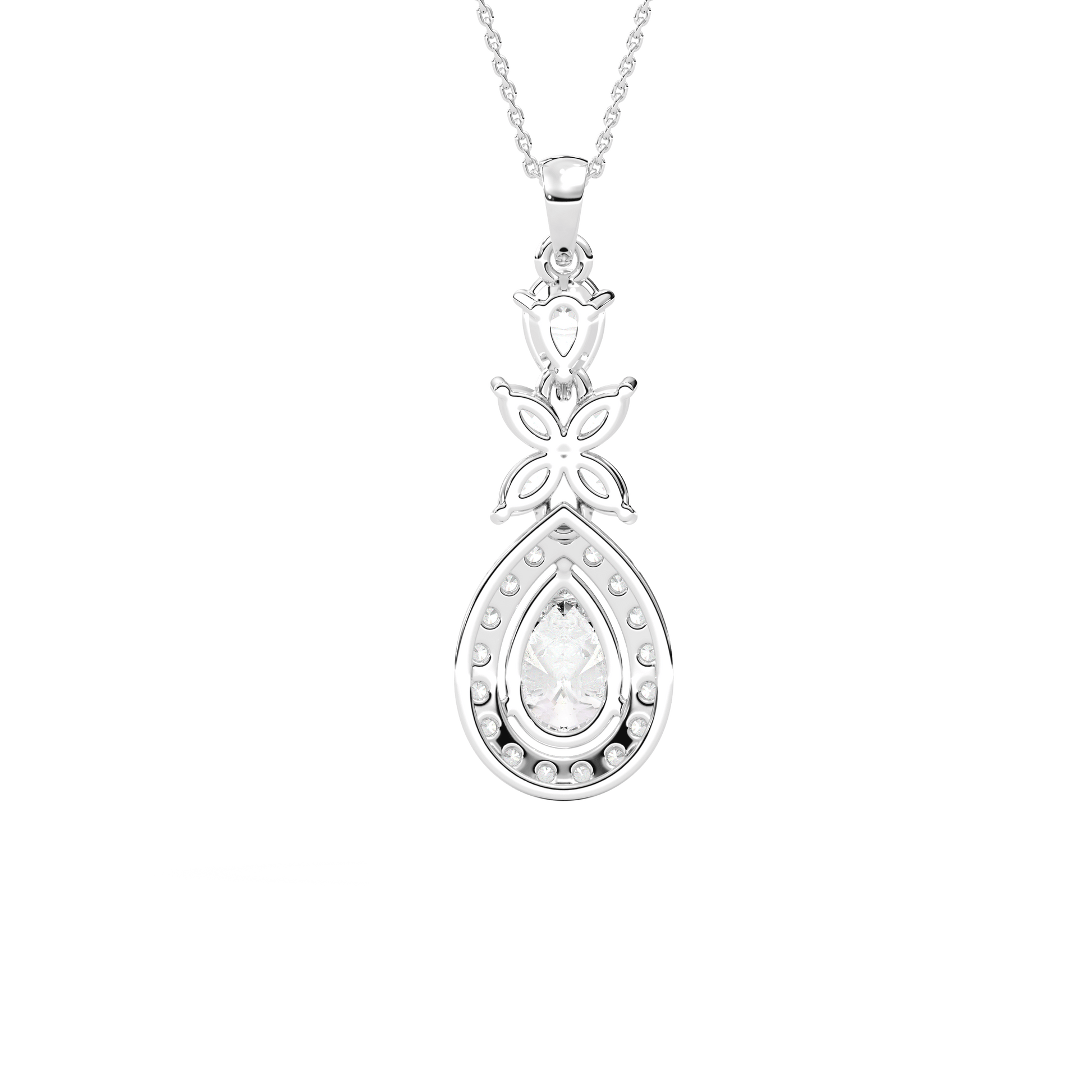 Pear-cut halo drop pendant with marquise flower motif by Carat House Dubai, showcasing elegant gold jewelry design.