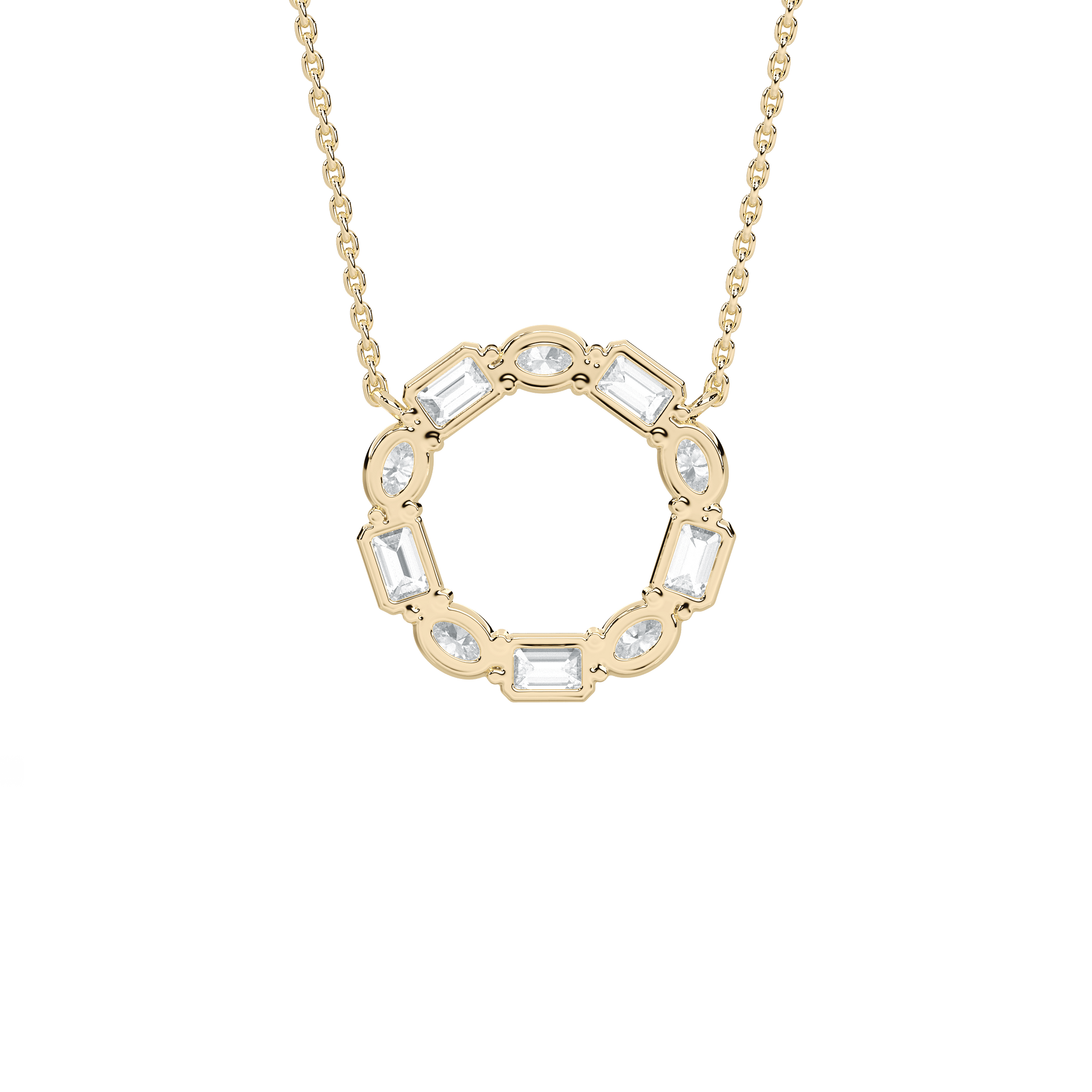 Kari diamond circle pendant by Carat House Dubai featuring alternating oval and emerald-cut diamonds on a sleek chain