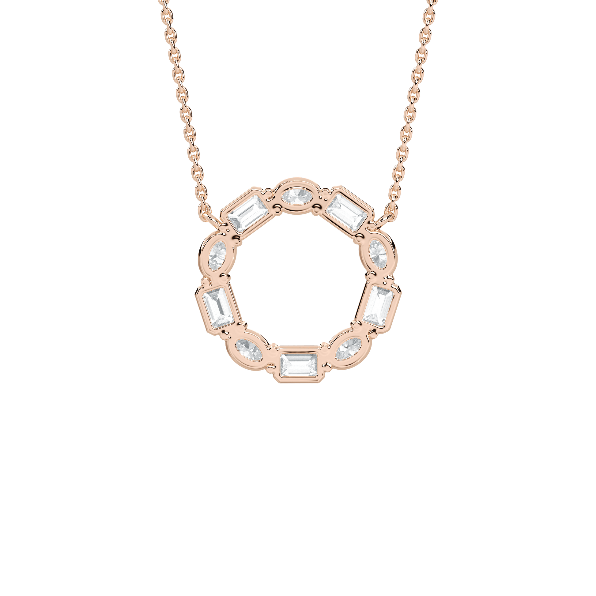 Kari diamond circle pendant by Carat House Dubai featuring alternating oval and emerald-cut diamonds on a delicate chain