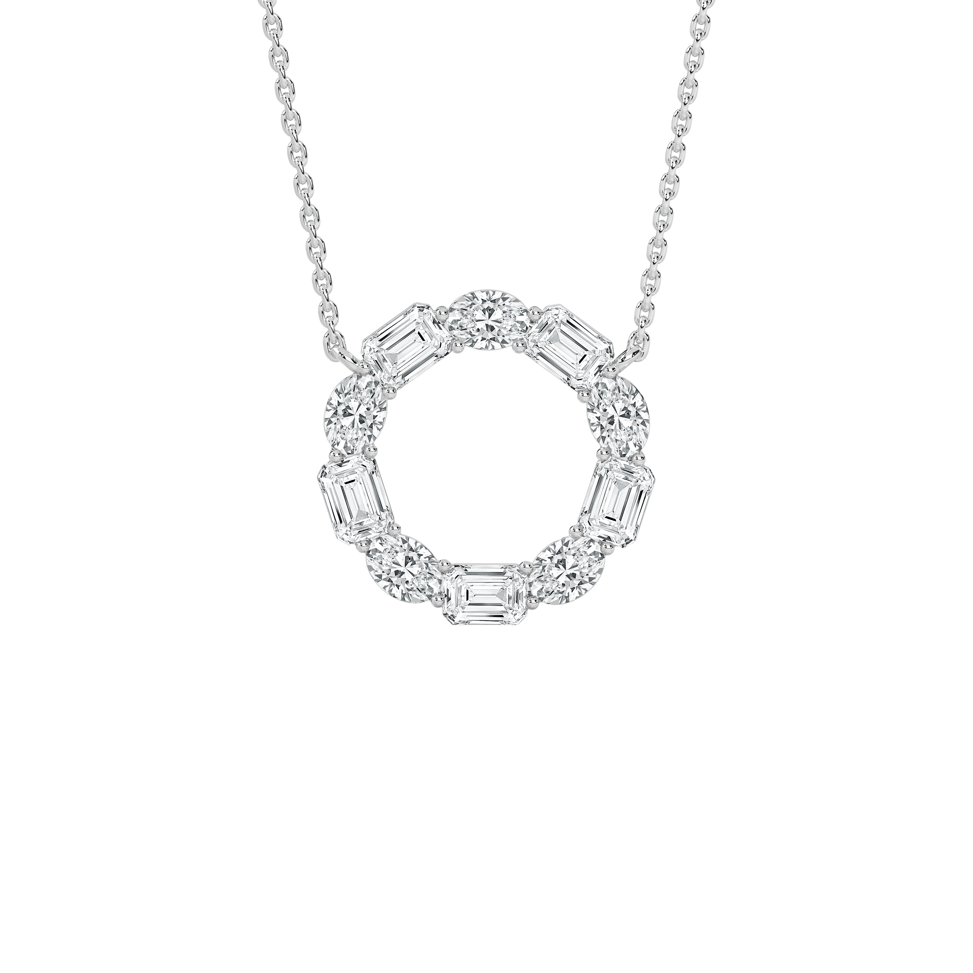 Kari – Alternating Oval and Emerald-Cut Diamond Circle Pendant — diamond pendant necklace — lab grown diamond and natural diamond — 18k white gold — Carat House