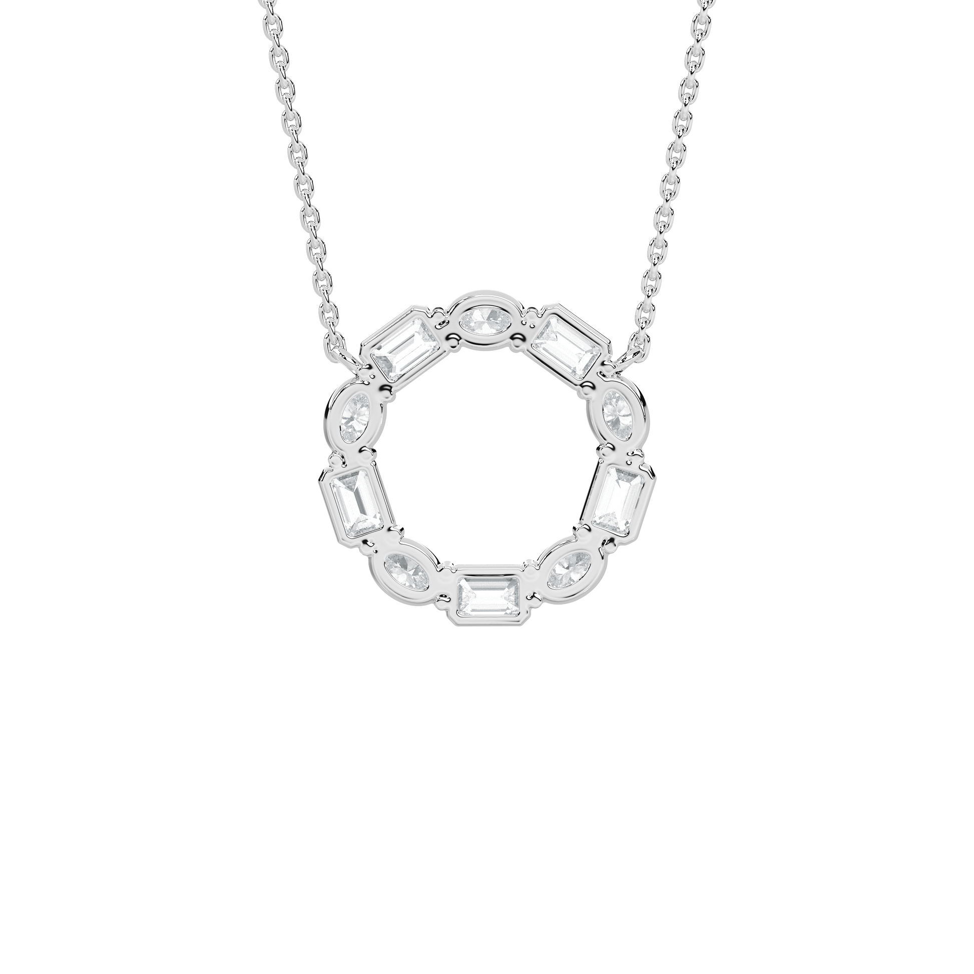 Kari diamond circle pendant featuring alternating oval and emerald-cut diamonds, elegant jewelry piece by Carat House Dubai.