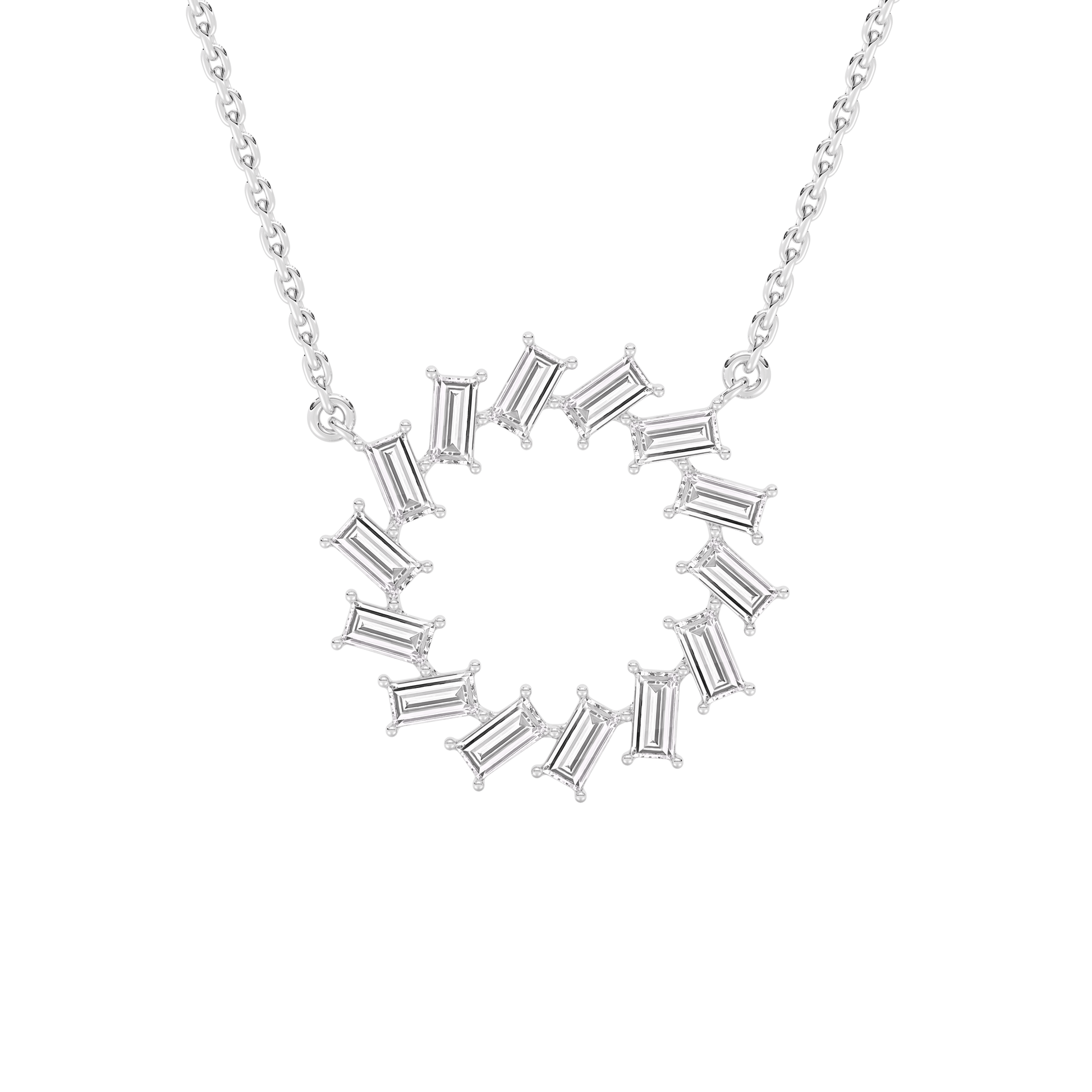 Kristin – Baguette Diamond Circle Pendant Necklace — diamond pendant necklace — baguette — lab grown diamond and natural diamond — 18k white gold — Carat House