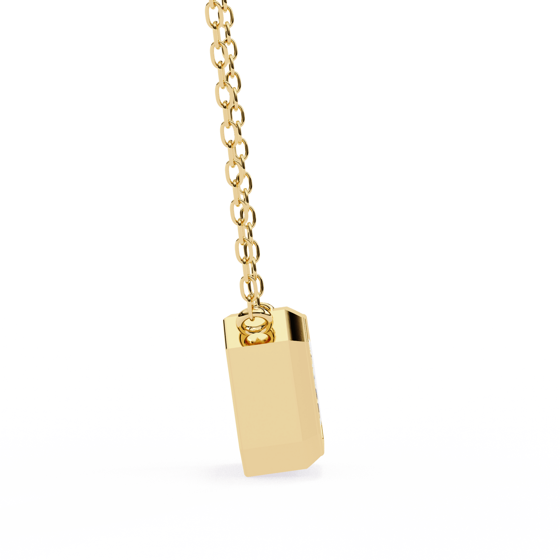 Dana Bezel-Set Emerald-Cut Diamond Solitaire Pendant featuring a sparkling diamond on a delicate chain.