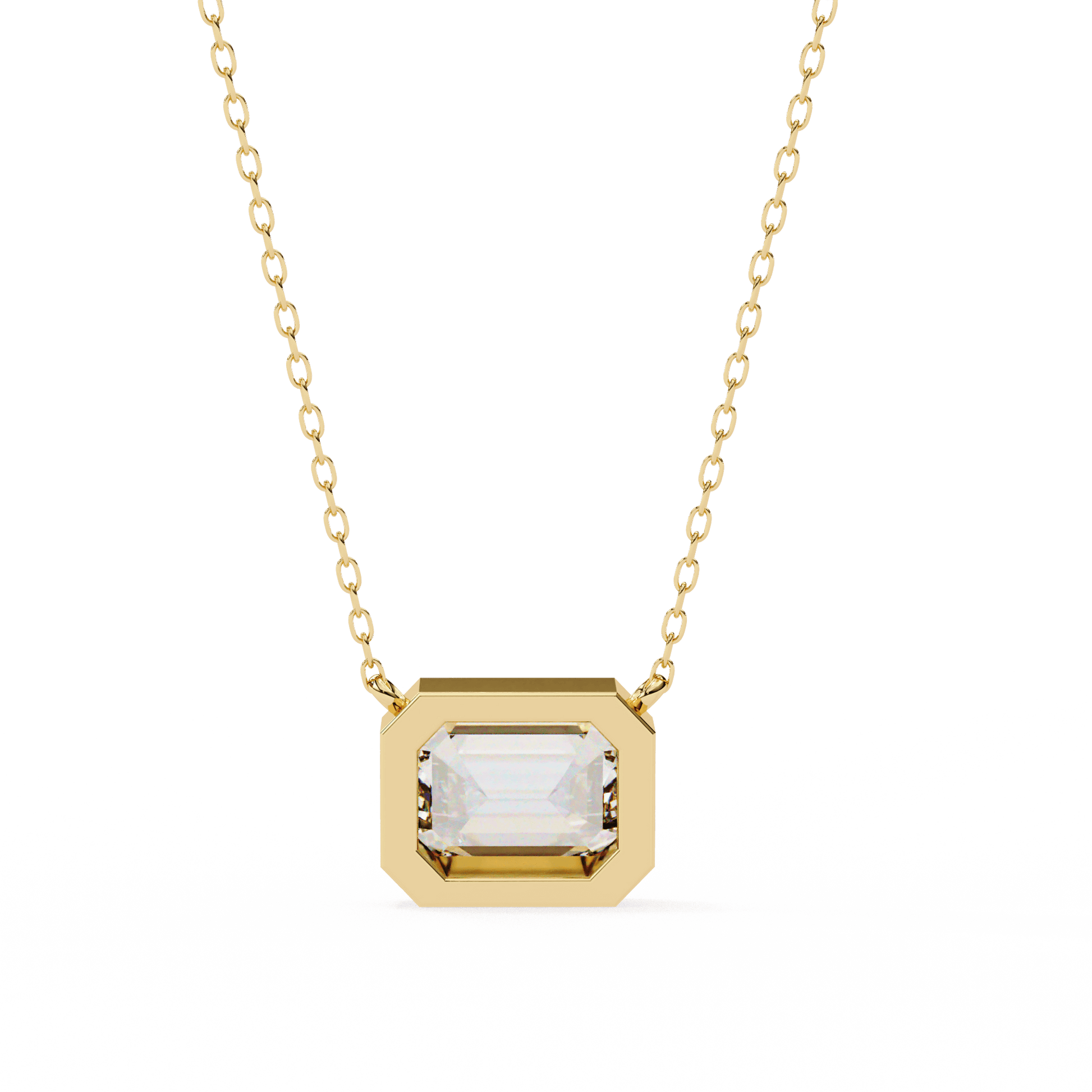 Bezel-set emerald-cut diamond solitaire pendant by Carat House Dubai featuring a sparkling diamond on a delicate chain.