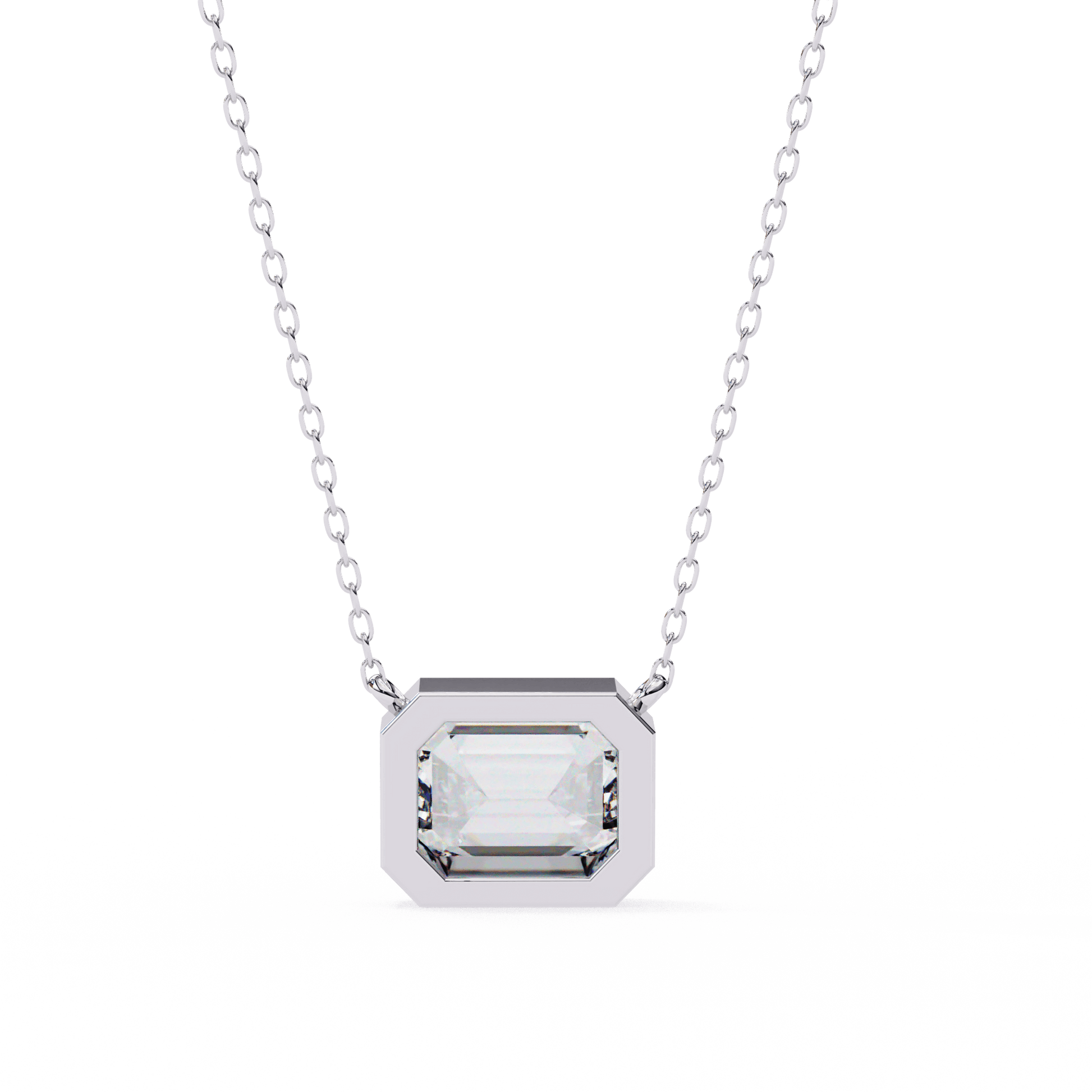 Dana bezel-set emerald-cut diamond solitaire pendant featuring a sparkling diamond on a delicate chain.