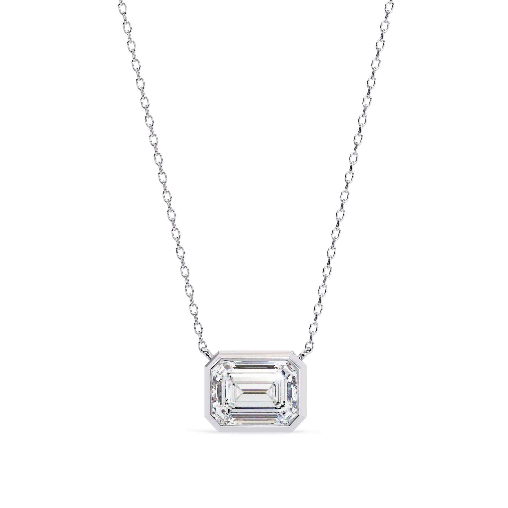 Dana – Bezel-Set Emerald-Cut Diamond Solitaire Pendant — diamond pendant necklace — lab grown diamond and natural diamond — 18k white gold — Carat House