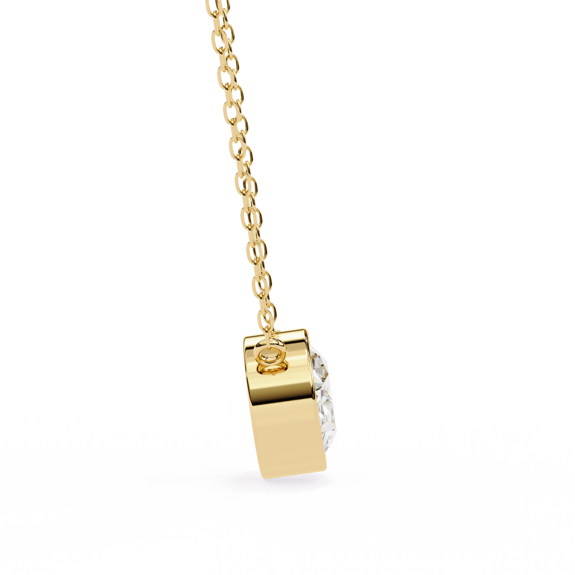 Darlene bezel-set oval-cut diamond solitaire pendant by Carat House Dubai, featuring a sparkling diamond on a delicate chain.
