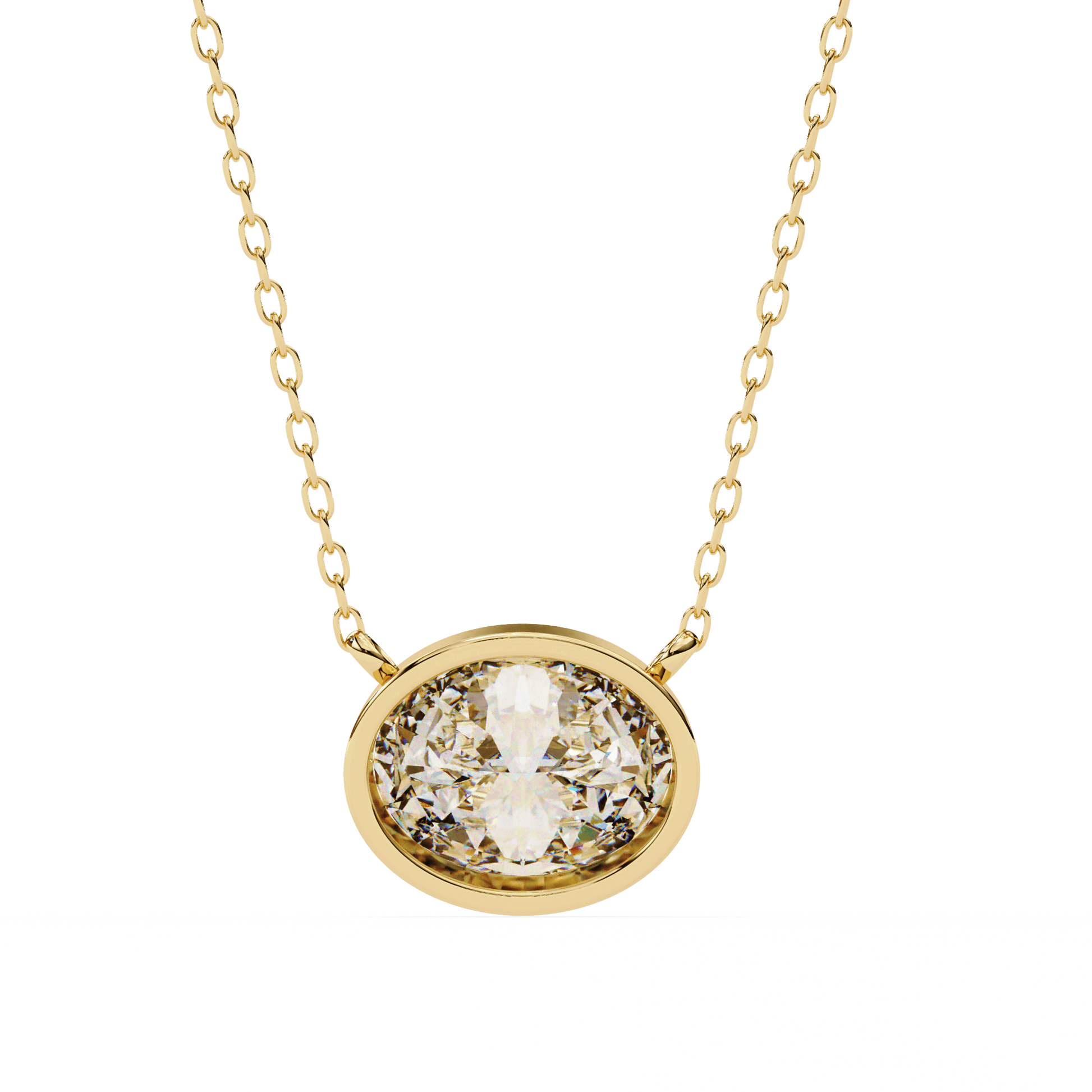 Darlene bezel-set oval-cut diamond solitaire pendant by Carat House Dubai, featuring a sparkling diamond on a delicate chain.