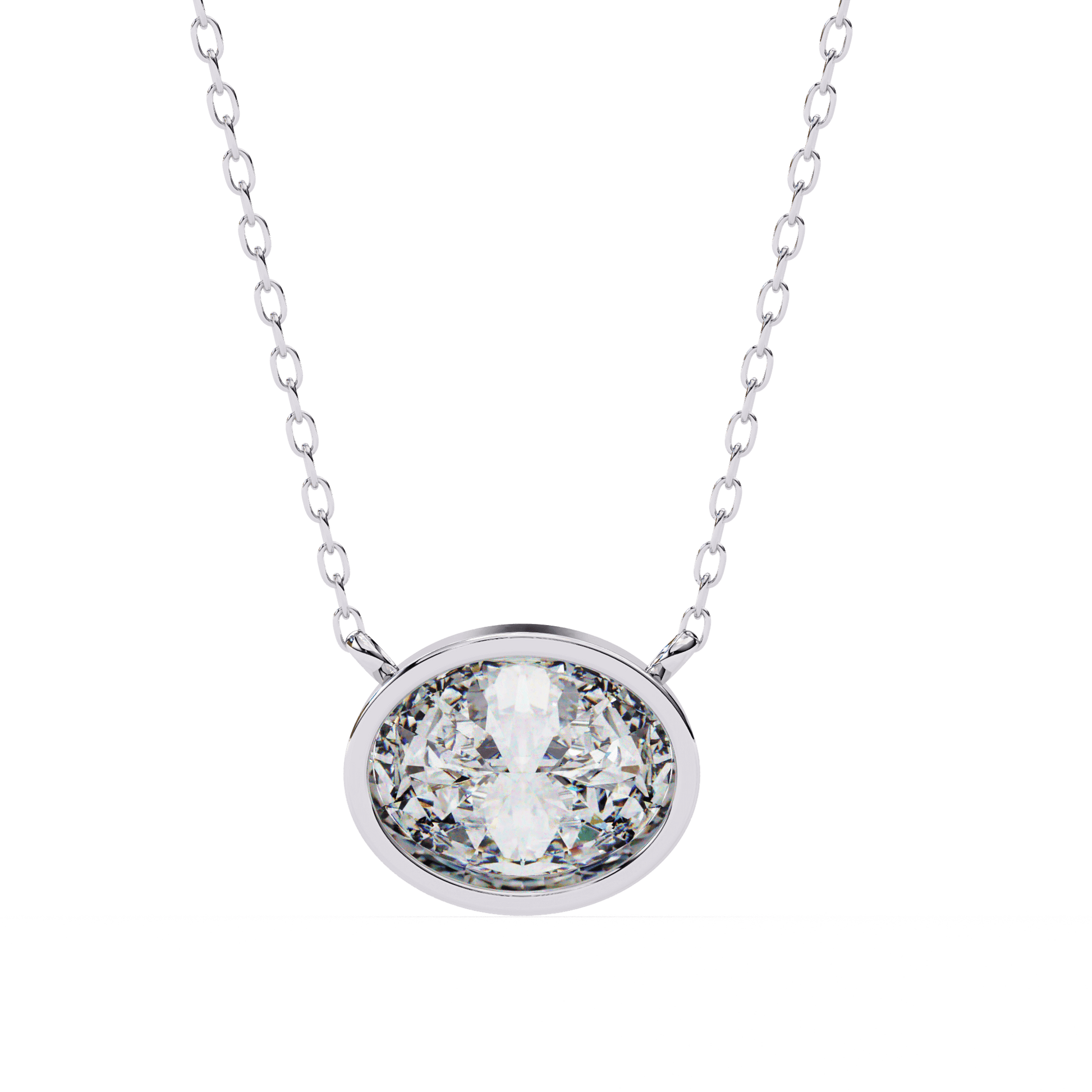 Darlene bezel-set oval-cut diamond solitaire pendant by Carat House Dubai, showcasing a sparkling diamond on a sleek chain.