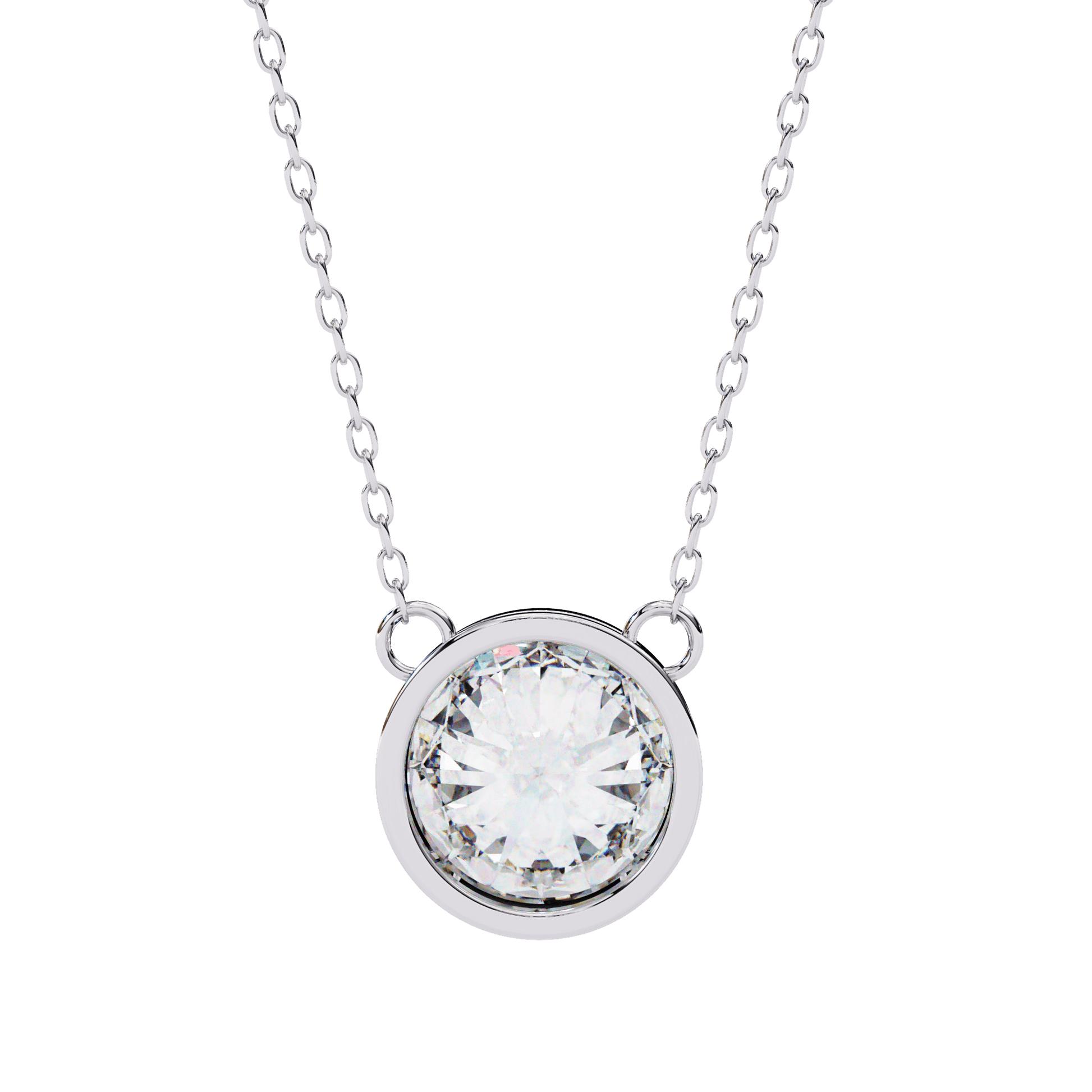 Elaine bezel-set round-cut diamond solitaire pendant by Carat House Dubai, featuring a sparkling diamond on a delicate chain.