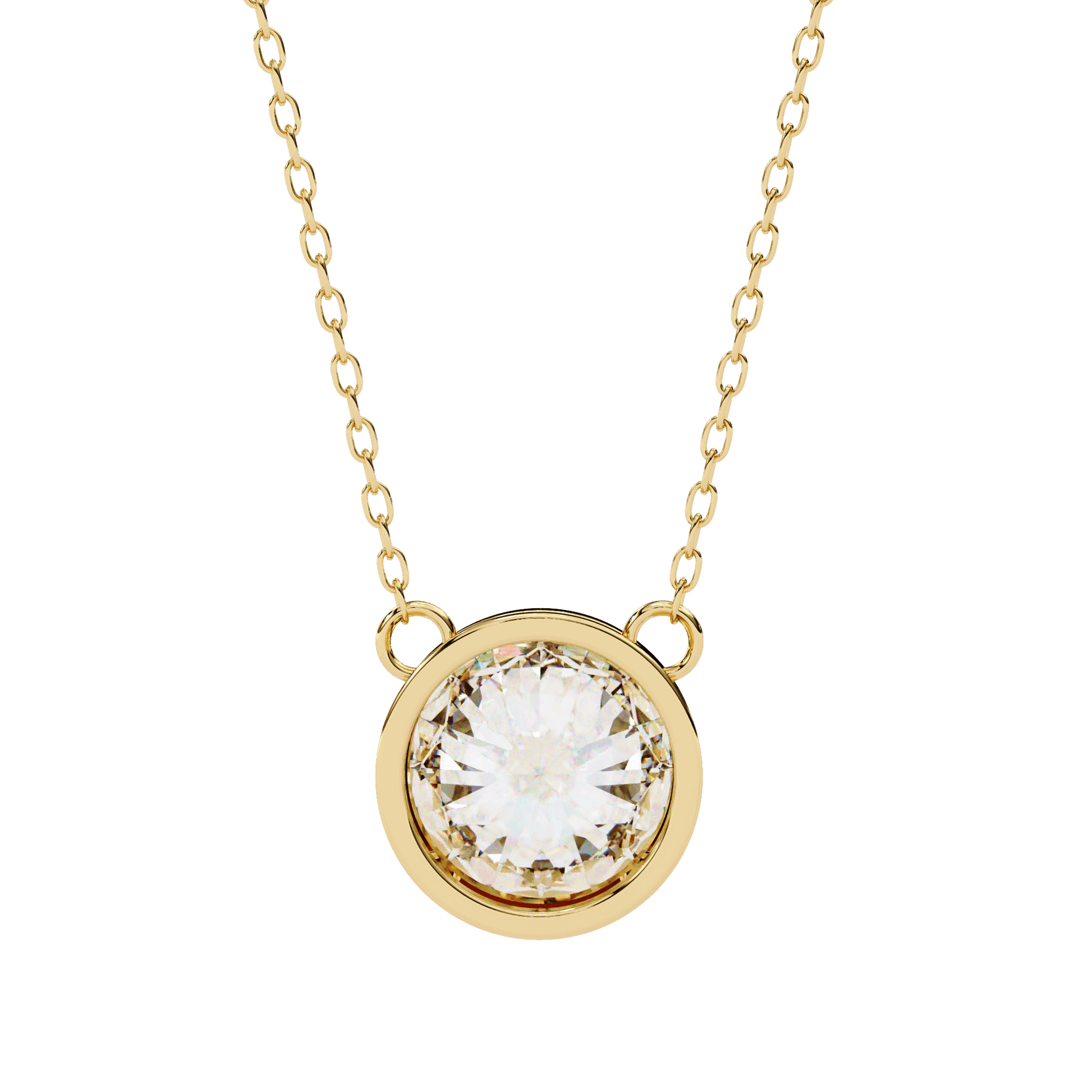 Elaine bezel-set round-cut diamond solitaire pendant by Carat House Dubai, featuring a sparkling diamond on a delicate chain.