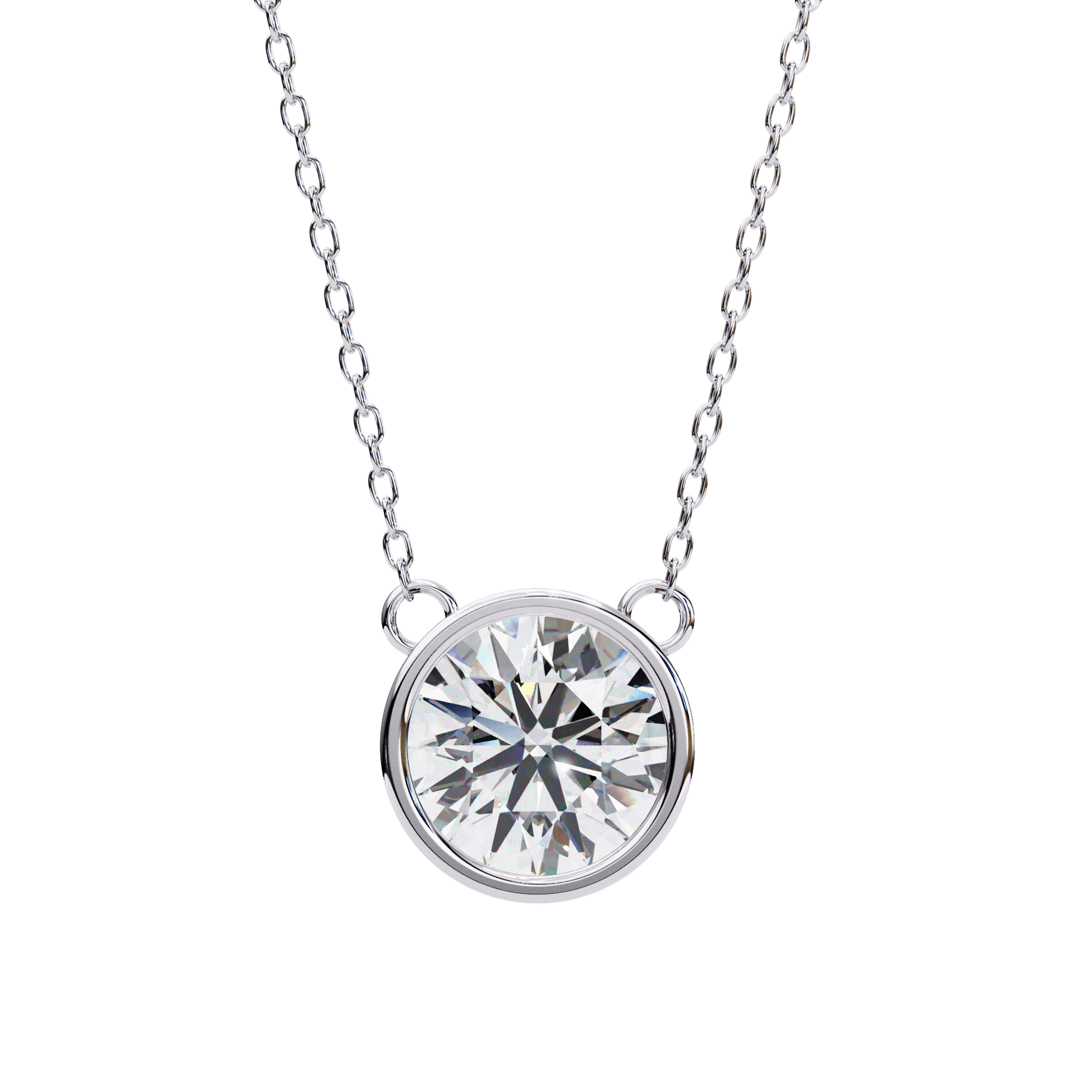 Elaine – Bezel-Set Round-Cut Diamond Solitaire Pendant — diamond pendant necklace — lab grown diamond and natural diamond — 18k white gold — Carat House
