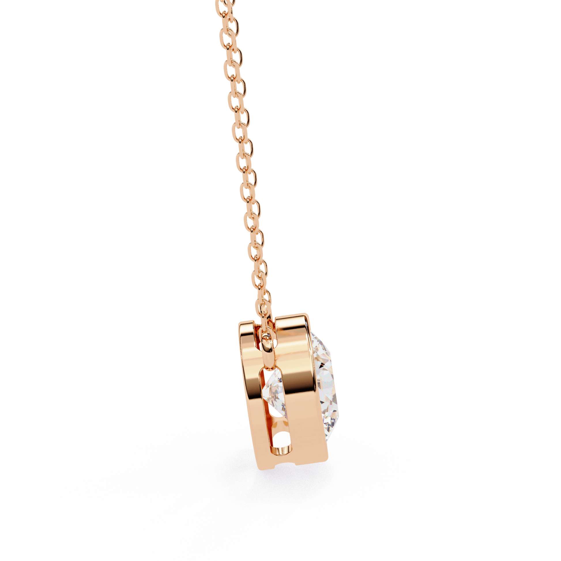 Elaine bezel-set round-cut diamond solitaire pendant by Carat House Dubai, featuring a sparkling diamond on a delicate chain.
