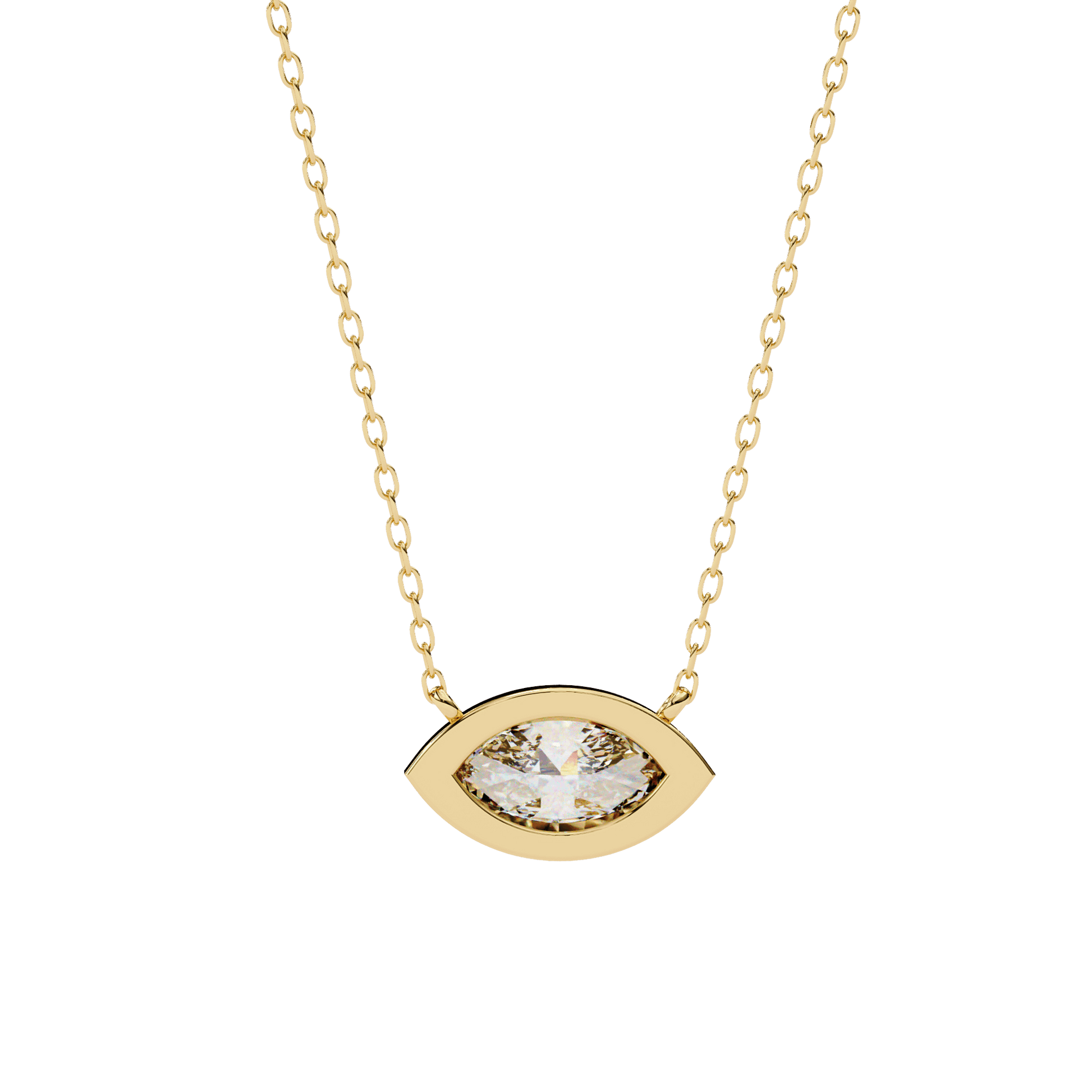 Carat House Dubai Erika bezel-set marquise solitaire diamond pendant with elegant design on a chain.