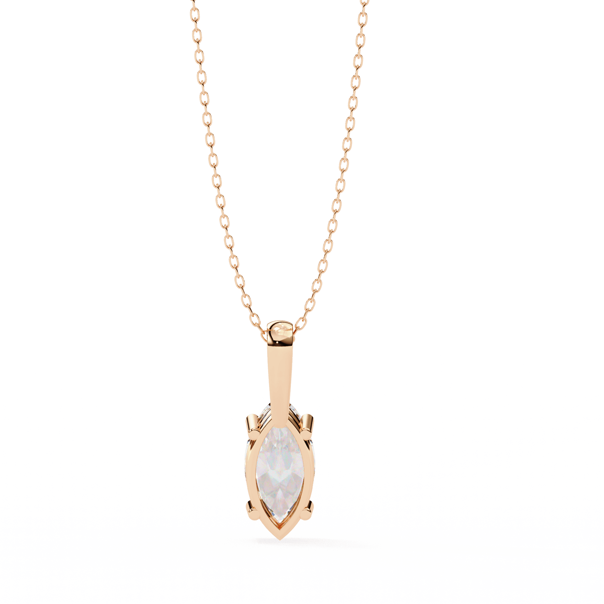 Carat House Dubai Ines marquise-cut solitaire pendant with a sparkling gemstone and delicate chain on a white background.
