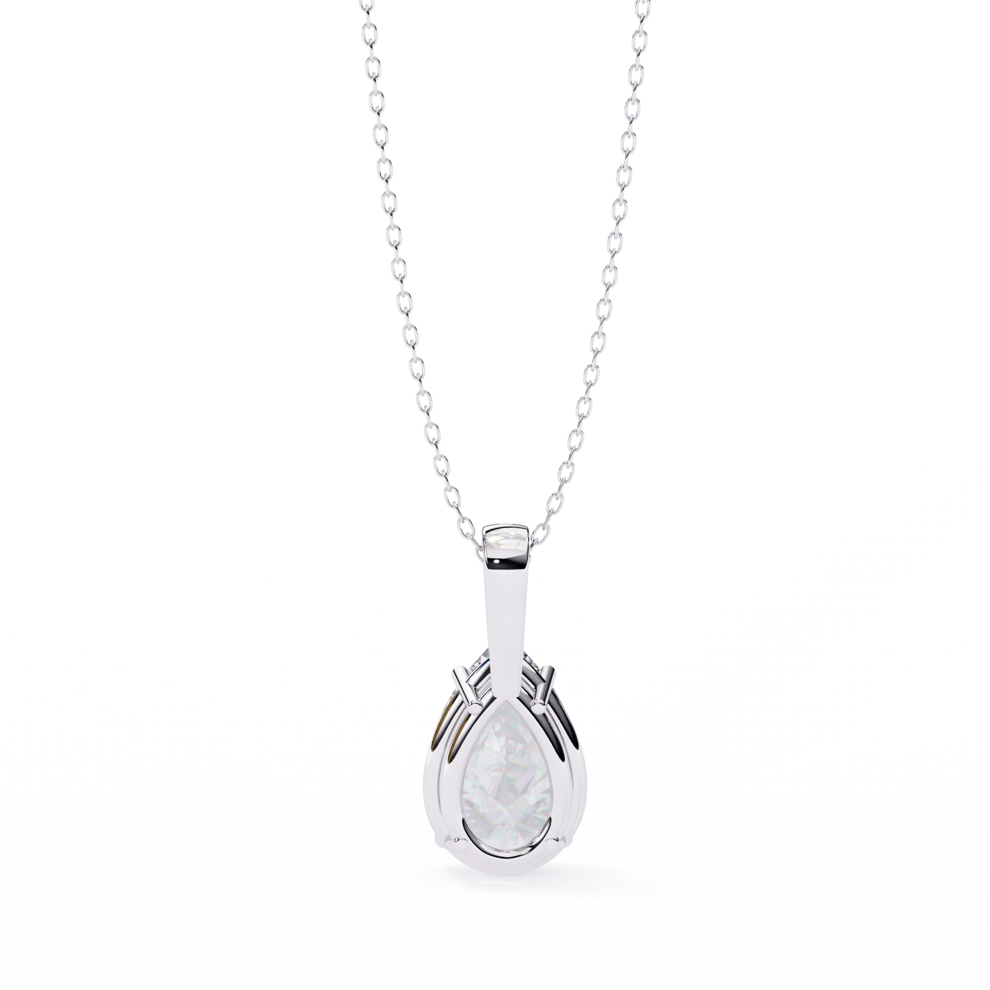 Pear-cut solitaire pendant named Irina with a sparkling gemstone set in a delicate chain, by Carat House Dubai.