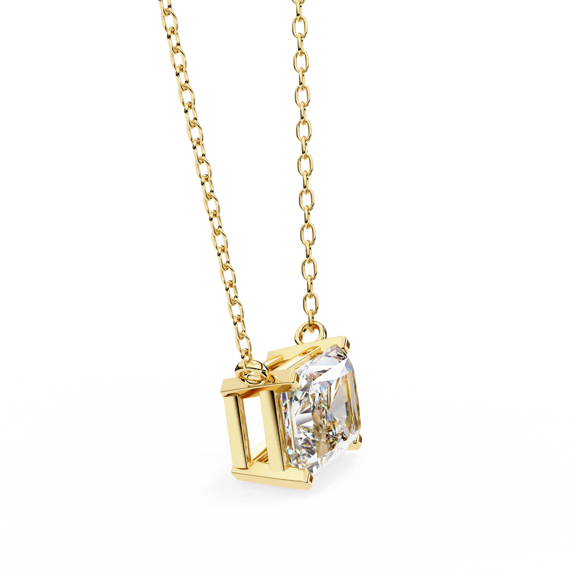 Radiant-cut solitaire pendant necklace by Carat House Dubai featuring a sparkling gemstone on a delicate chain.