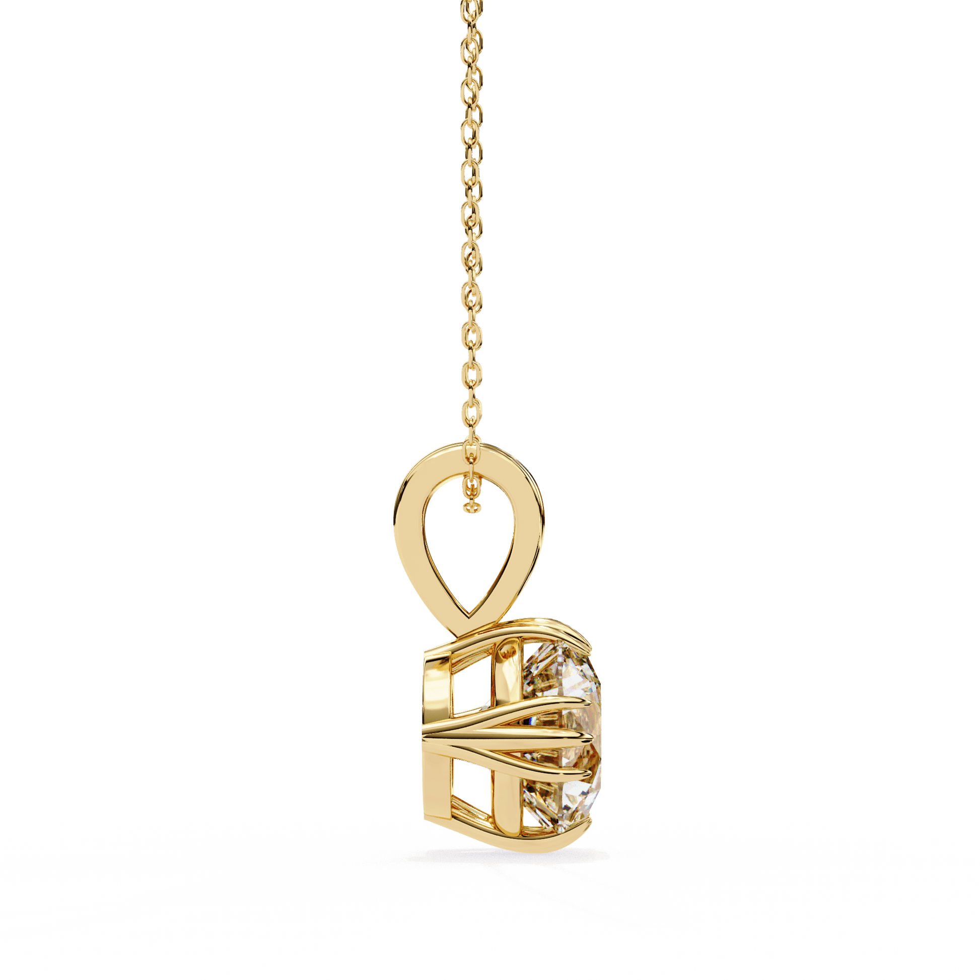 Kamaria triple claw round-cut solitaire pendant by Carat House Dubai, showcasing a sparkling gemstone on a delicate chain.