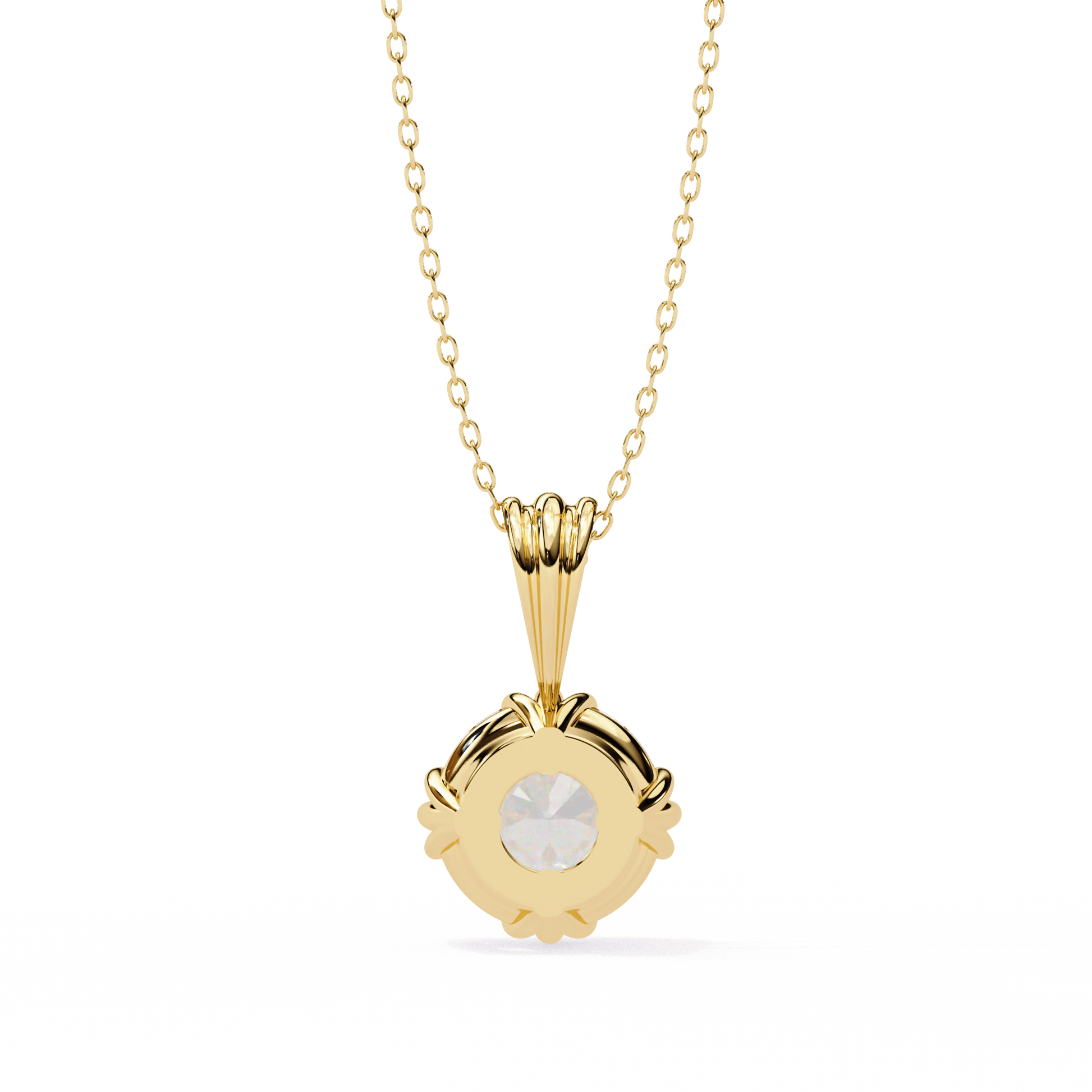 Kamaria triple claw round-cut solitaire pendant by Carat House Dubai featuring a sparkling gemstone on a delicate chain.