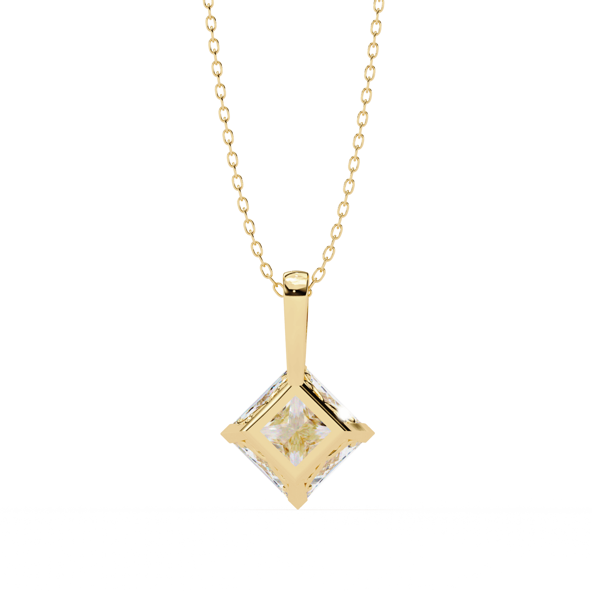 Kendra princess-cut solitaire pendant by Carat House Dubai featuring a sparkling central gemstone and delicate chain.