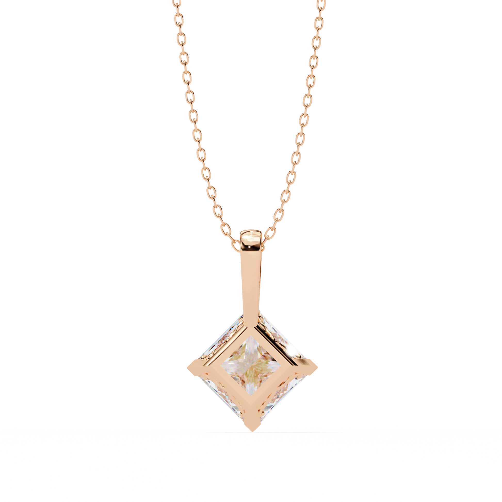 Kendra princess-cut solitaire pendant by Carat House Dubai featuring a sparkling diamond on a delicate chain.