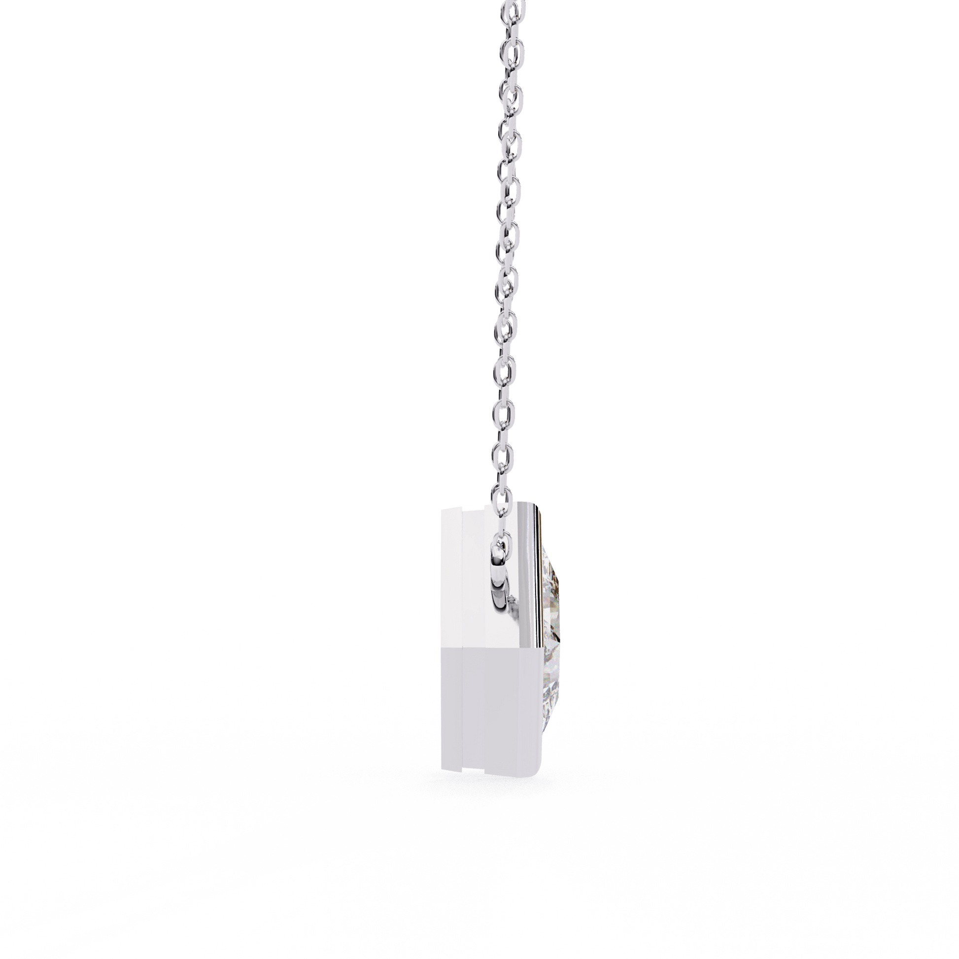 Kelly bezel set princess-cut diamond solitaire necklace by Carat House Dubai, featuring a sparkling diamond pendant on a delicate chain.